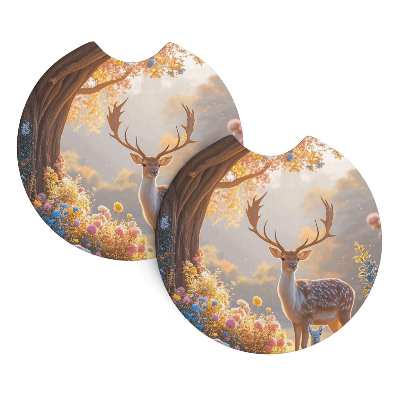 2PCS Car Coaster for Cup Holders Universal Auto Cup Mat Deer and Flowers Cup Coaster Pad 2.7" Waterproof Neoprene Non-Slip Cup Holder Coasters Car Interior Accessories for Women Men
