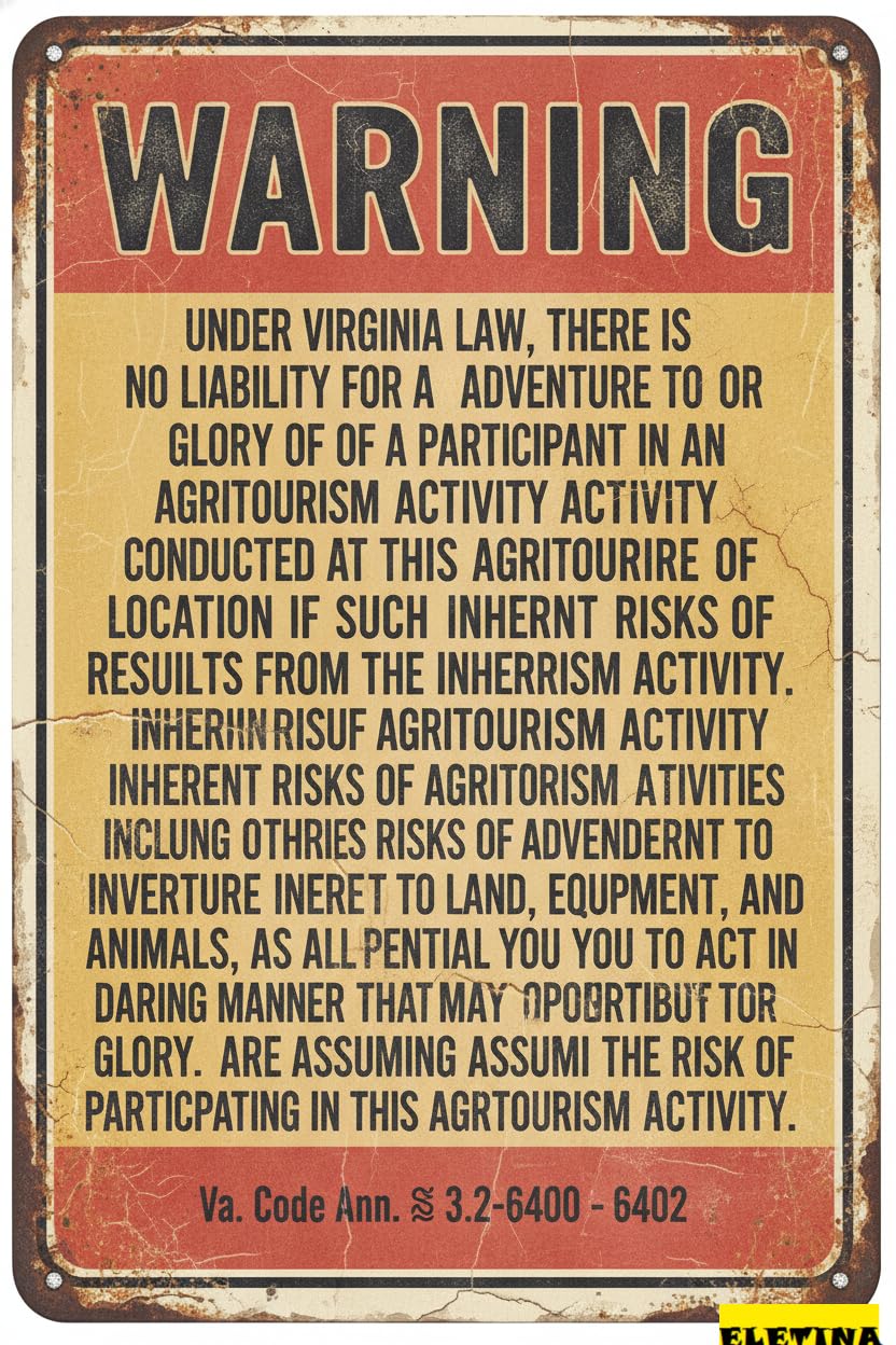 Virginia Agritourism Liability Warning Tin Sign, 8x12 Inch