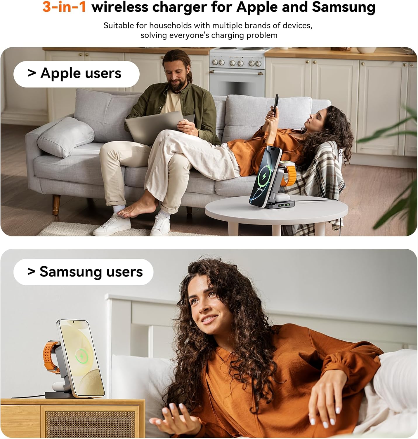 Wireless Charger 3 in 1, Foldable Charging Station for Apple Samsung Multi Devices Charging, Magnetic Charging Stand, Portable Travel Fast 15W Charger Station for iPhone, TWS, iWatch (Dark Gray)