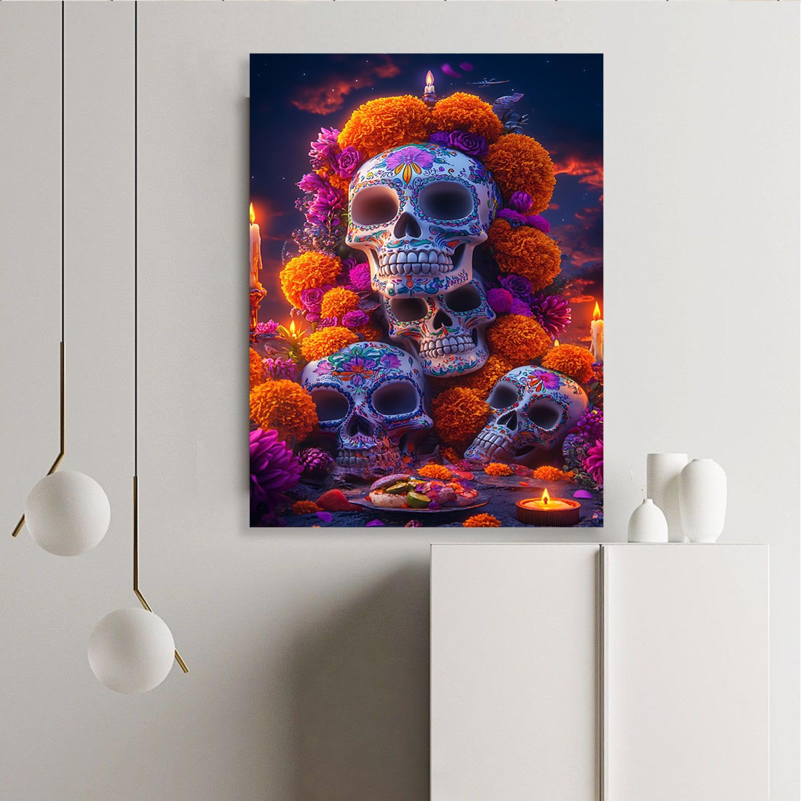 YUNART Dzień zmarłych ułożone czaszki cukru płótno sztuka ścienna plakaty nagietki i świece zdjęcia na ścianę do galerii dekoracji baru 35 x 52 cm rama wewnętrzna