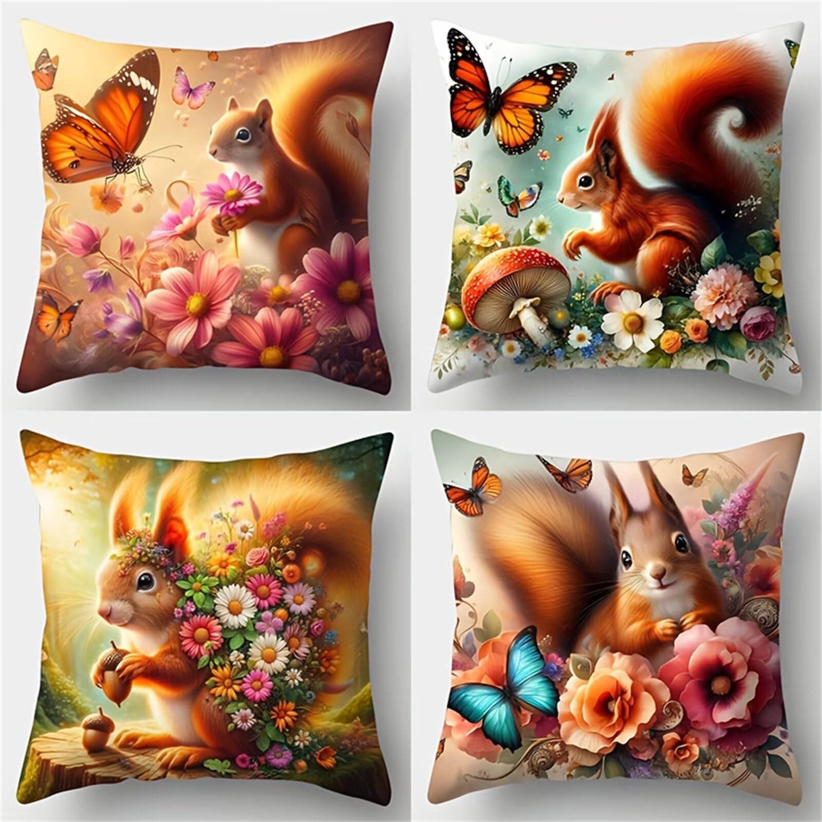 QiHon Pink Daisy Squirrel Cushion Covers 60x60 cm Set of 4, Decorative Throw Pillow Cases, 24x24 inch Square Linen Pillowcases for Sofa Living Room Bedroo