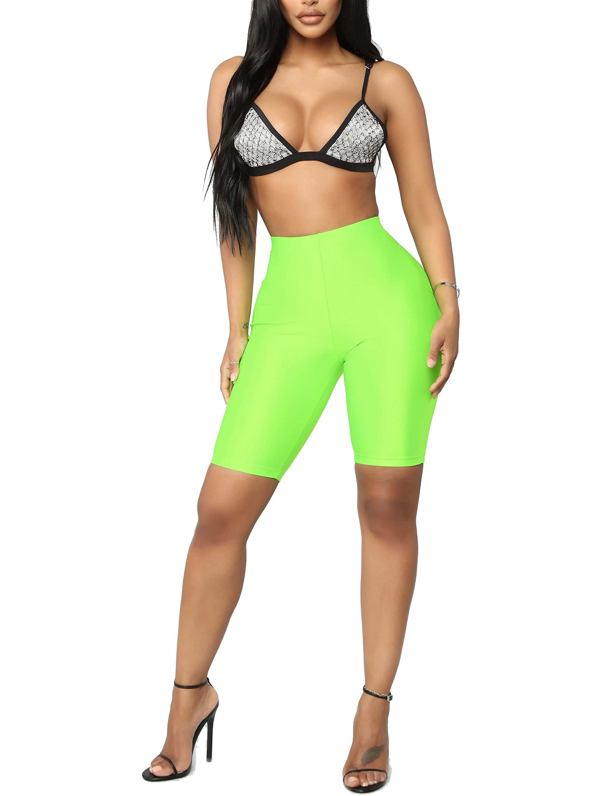 SUNFEXOY Biker Shorts for Women,High-Waisted Shiny Neon Bright Active Workout Yoga Pants Running Shorts Knee Length