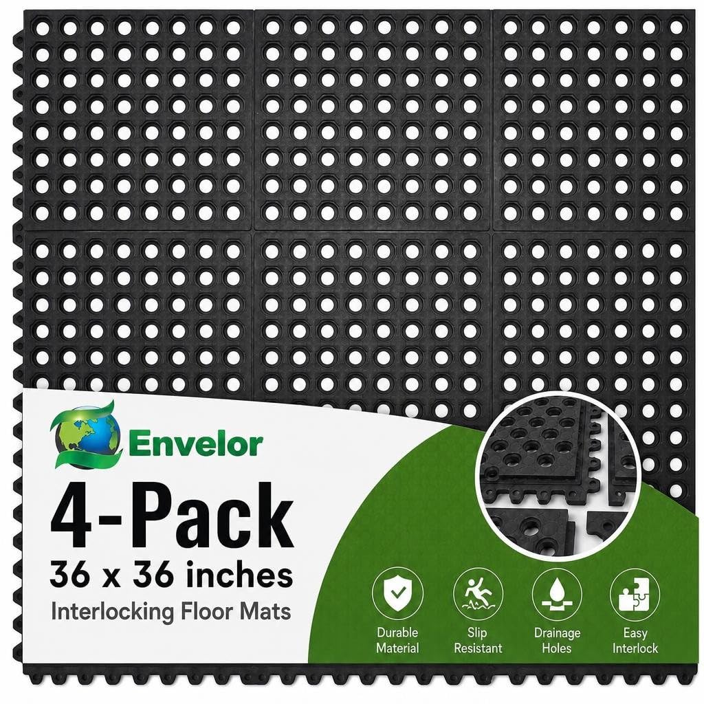 Envelor Interlocking Rubber Floor Tiles 4 Pack, Anti Fatigue, 3 x 3 ft