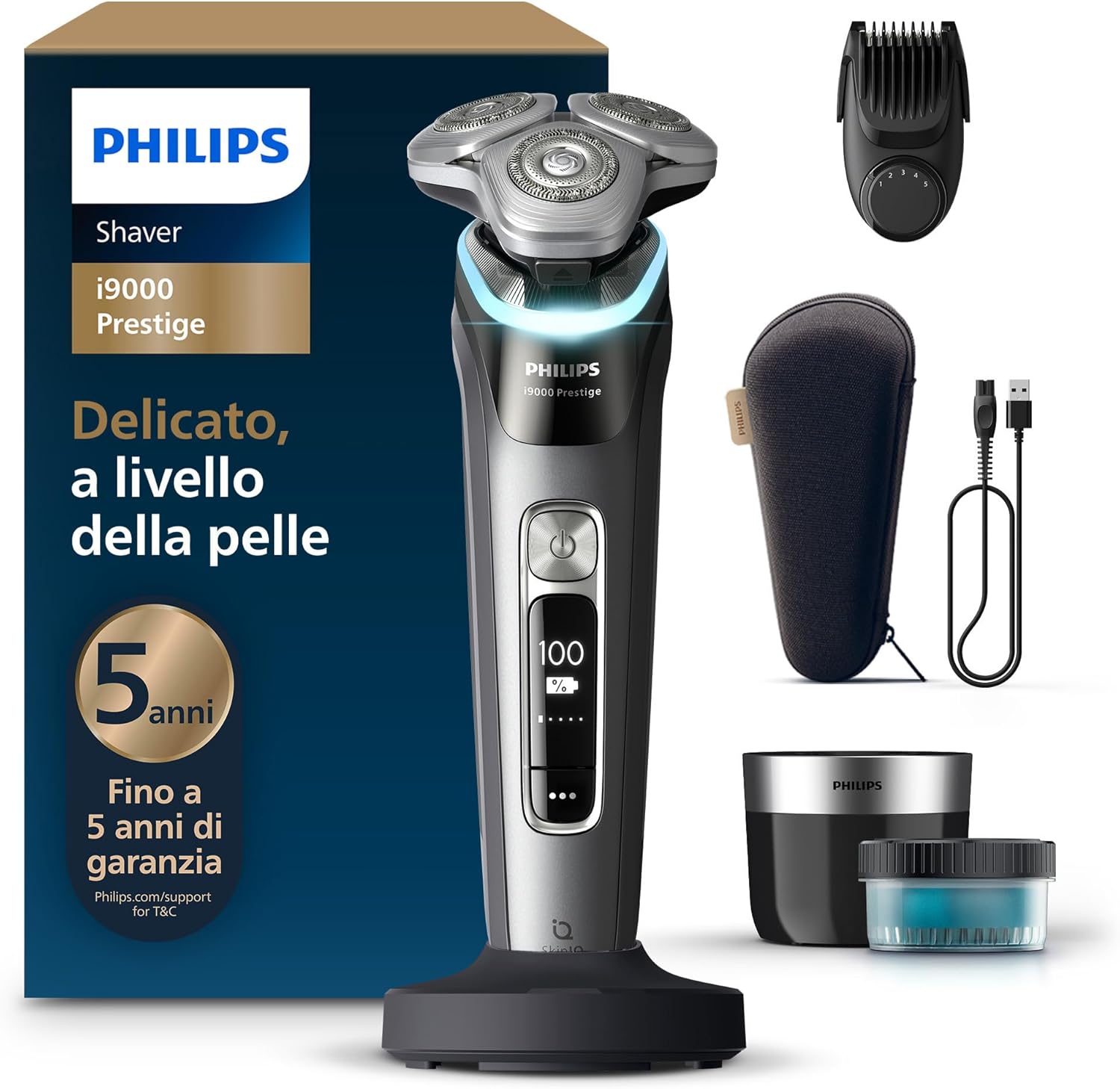 Philips Shaver i9000 Prestige Wet & Dry Rasoio elettrico Skin IQ, sistema triplo sollevamento e taglio, doppie lame in acciaio a 360º di precisione, regolabarba, XP9202/33