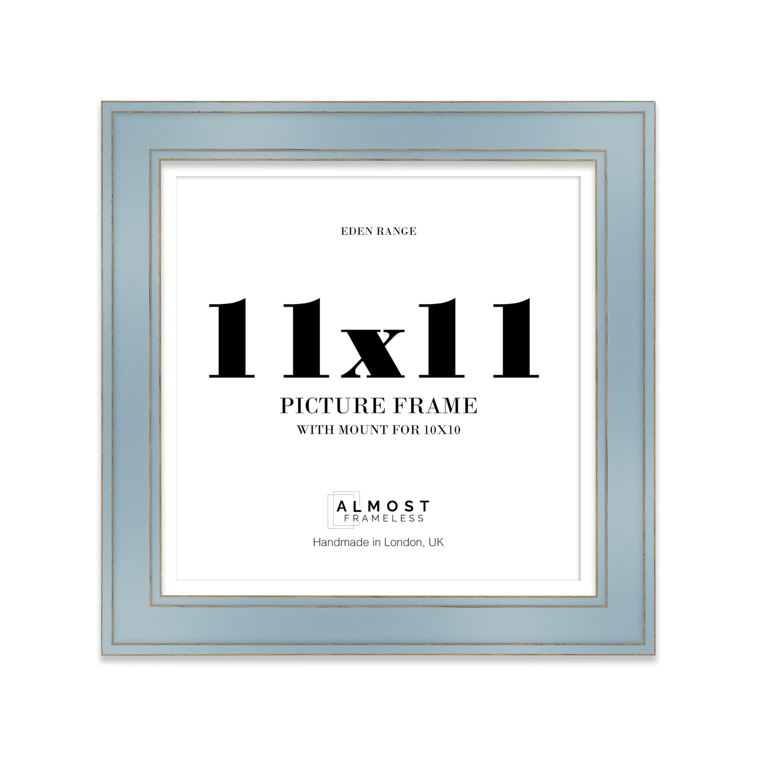11x11" Cornflower Blue Square Picture Frame with 10x10" Mount - Shabby Chic Photo Frame with Distressed Finish, Gold Trim, Wall Hooks and Kickstand, 37mm Edge - 1 Pack