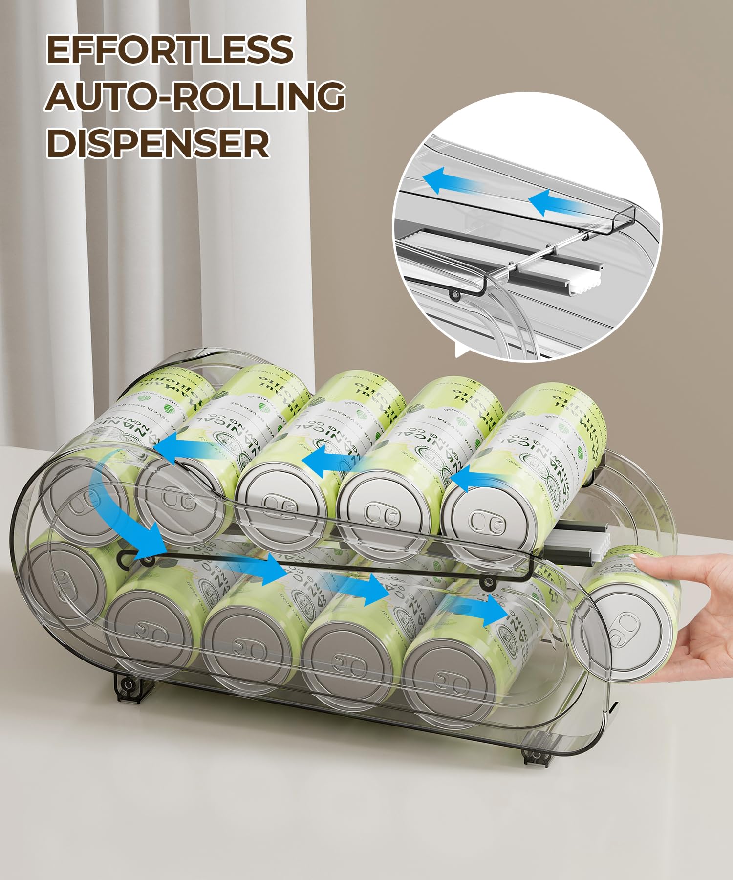 Organizador de bebidas para refrigerador, dispensador de latas de refrescos para refrigerador con rodillo automático, organiza latas de tamaño estándar de 11 onzas o 12 onzas, ahorra espacio para