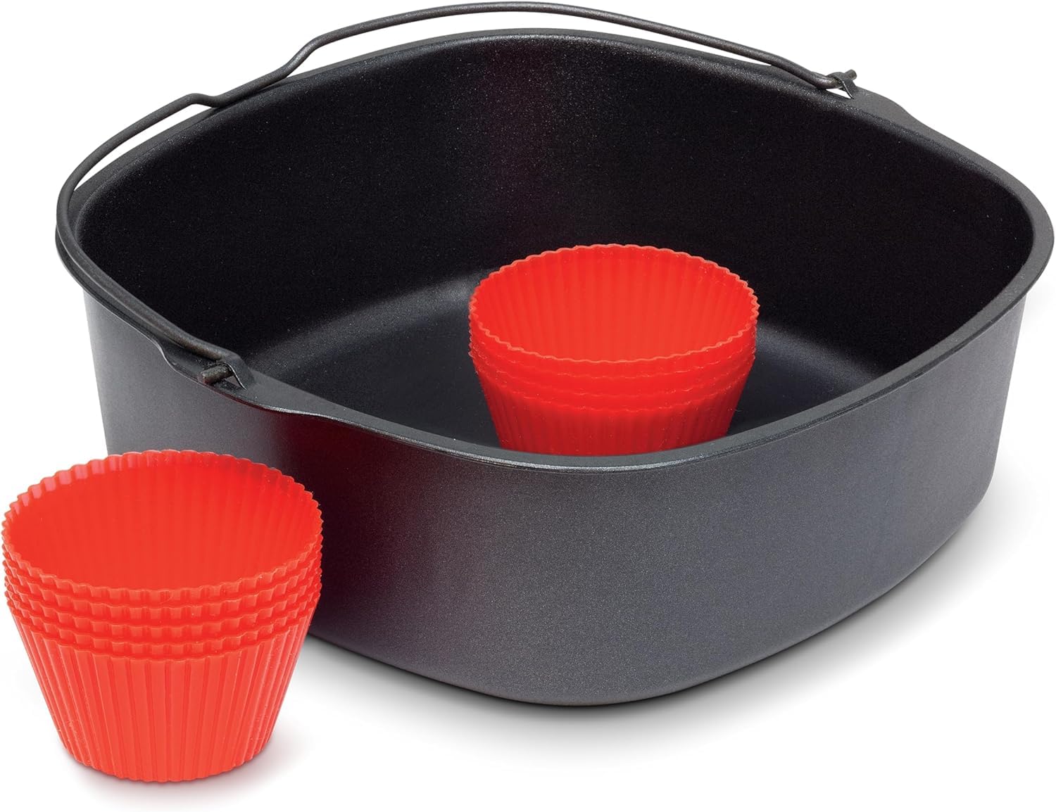 Philips Airfryer Baking Kit XL showing the square baking pan and several red silicone muffin cups.