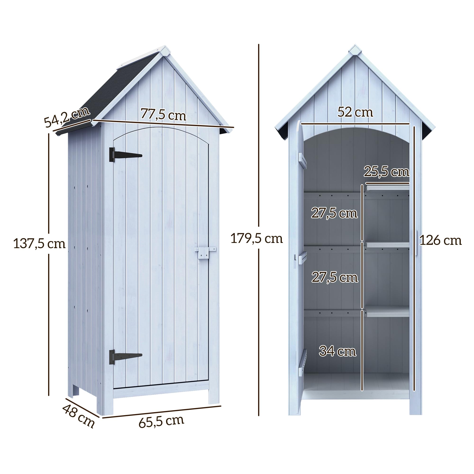 Outsunny Caseta de jardín de Madera con Techo asfaltado y 3 estantes para Almacenamiento Exterior para terraza, 77,5x54,2x179,5 cm, Color Blanco