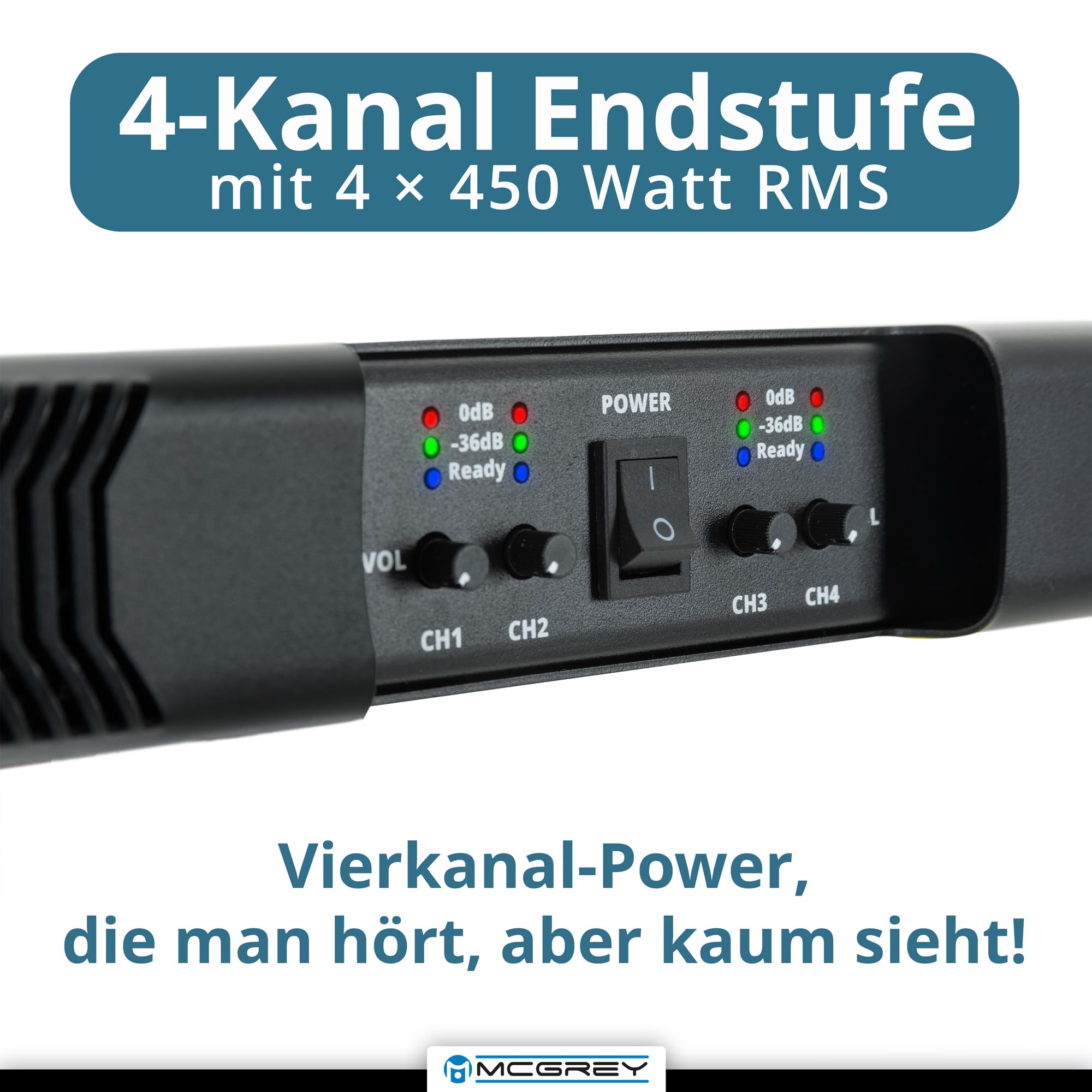 McGrey PA-4504 Endstufe 1 HE 4 x 450 Watt - Class-D Technologie - 4-Kanal Endstufe mit XLR, Speakon, Schutzschaltung - Rackfähig 19" & leicht 3,5 kg - Für Bands & DJ´s, Events & Festinstallation