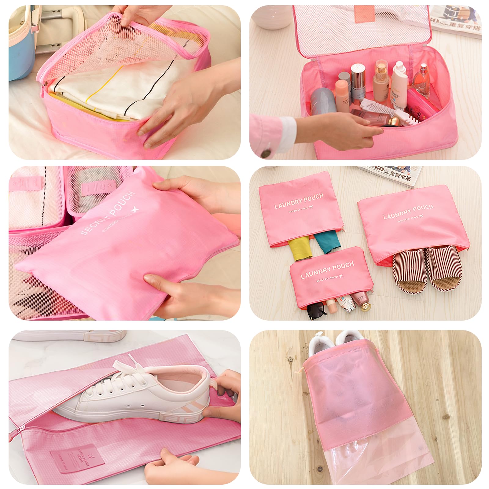Cubi di imballaggio per Valigia - 9 PCS Cubi di Imballaggio da Viaggio Set di Borse Organizer per Valigie Leggere Organizzatori di Bagagli per Accessori da Viaggio con Borse per Scarpe - Rosa