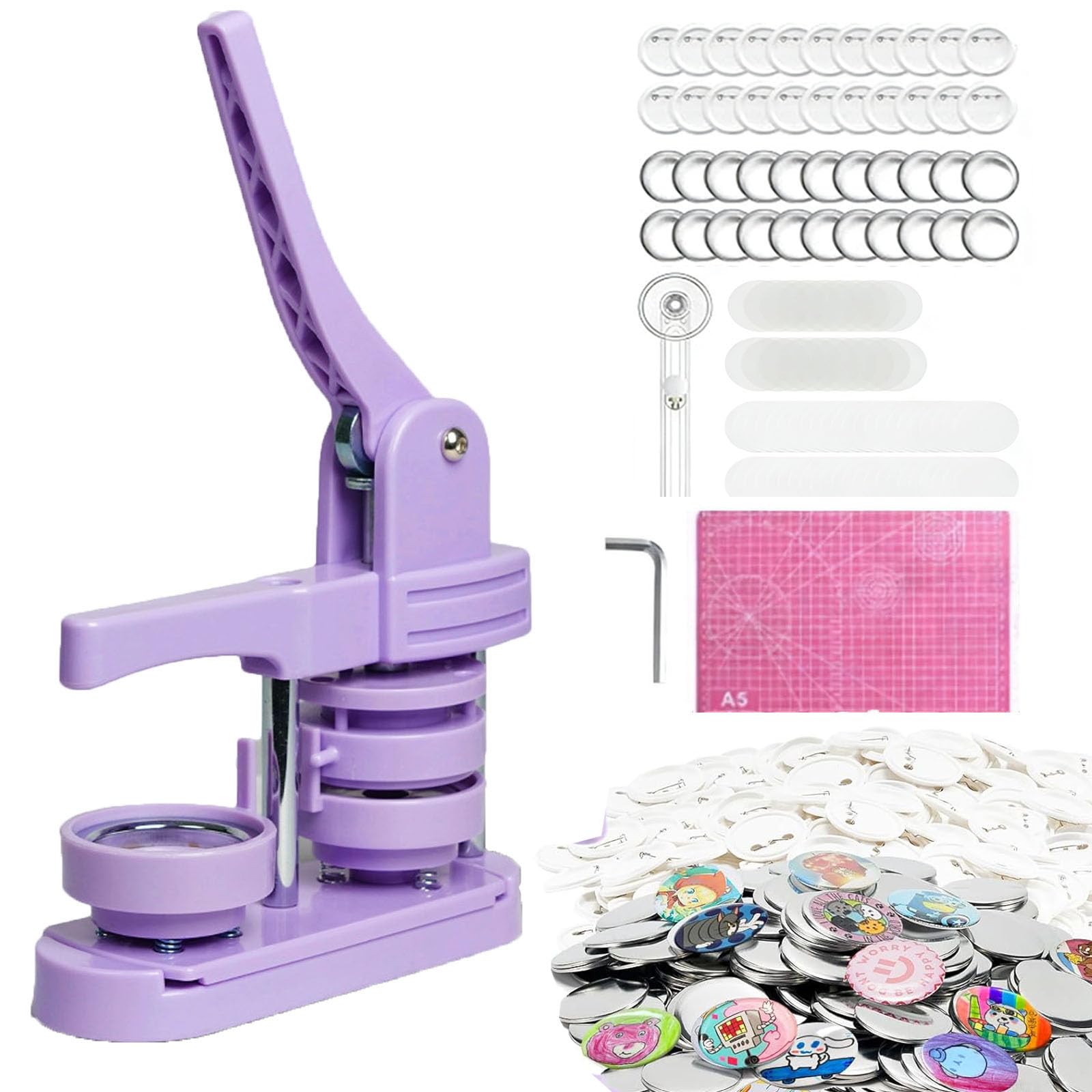 Buttonmaschine 58 mm – Manuelle Buttonpresse Set ohne Montage, inkl. 100 Zubehör & Kreisschneider, DIY Abzeichenmaschine für Basteln, Partys & Geschenke