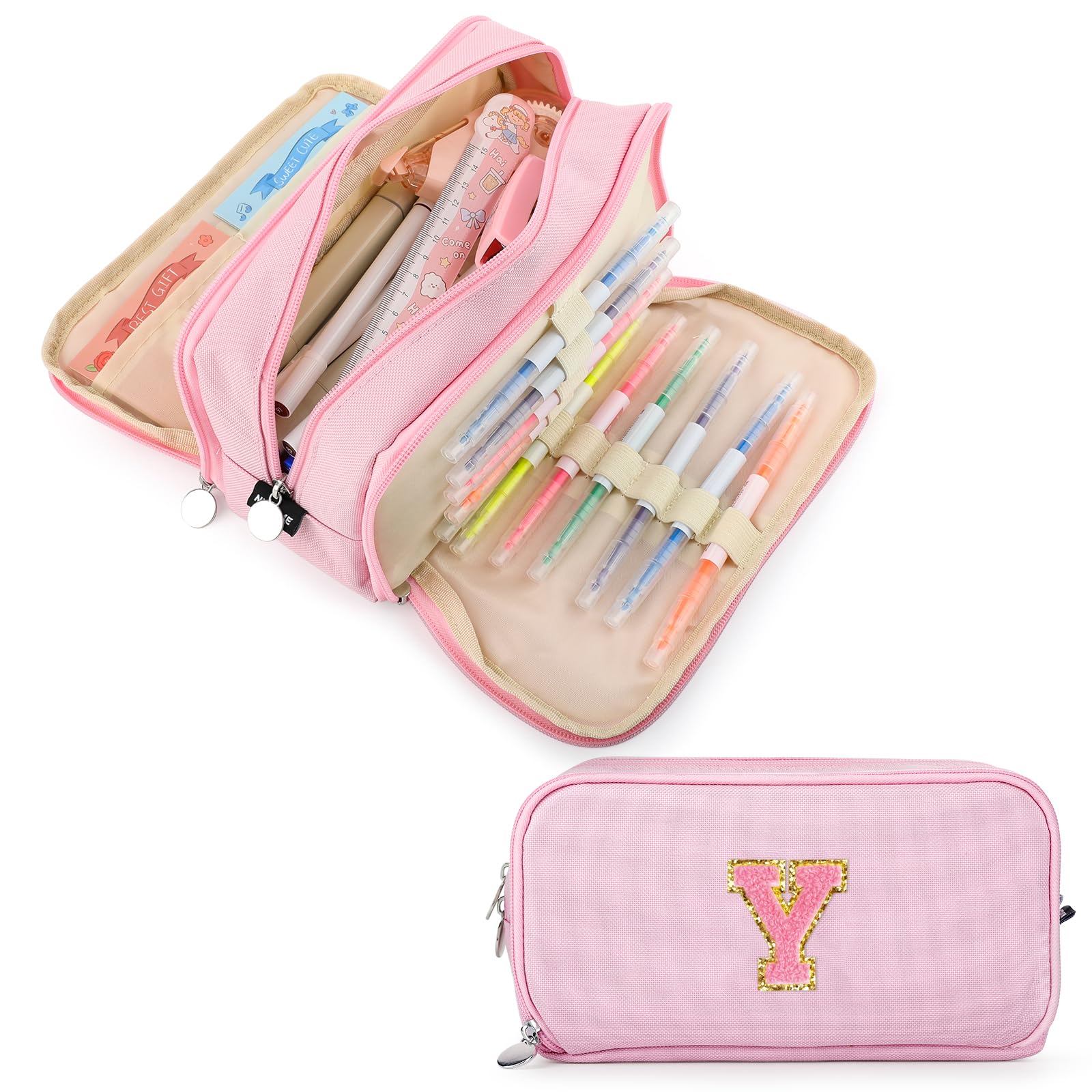 Extra Large Capacity Pencil Case 3 Compartment Initial Pencil Pouch Personalized Cute Aesthetic Stationery Pen Case Bag for School Teen Girl Boy Men Women Gift (Y, Pink)