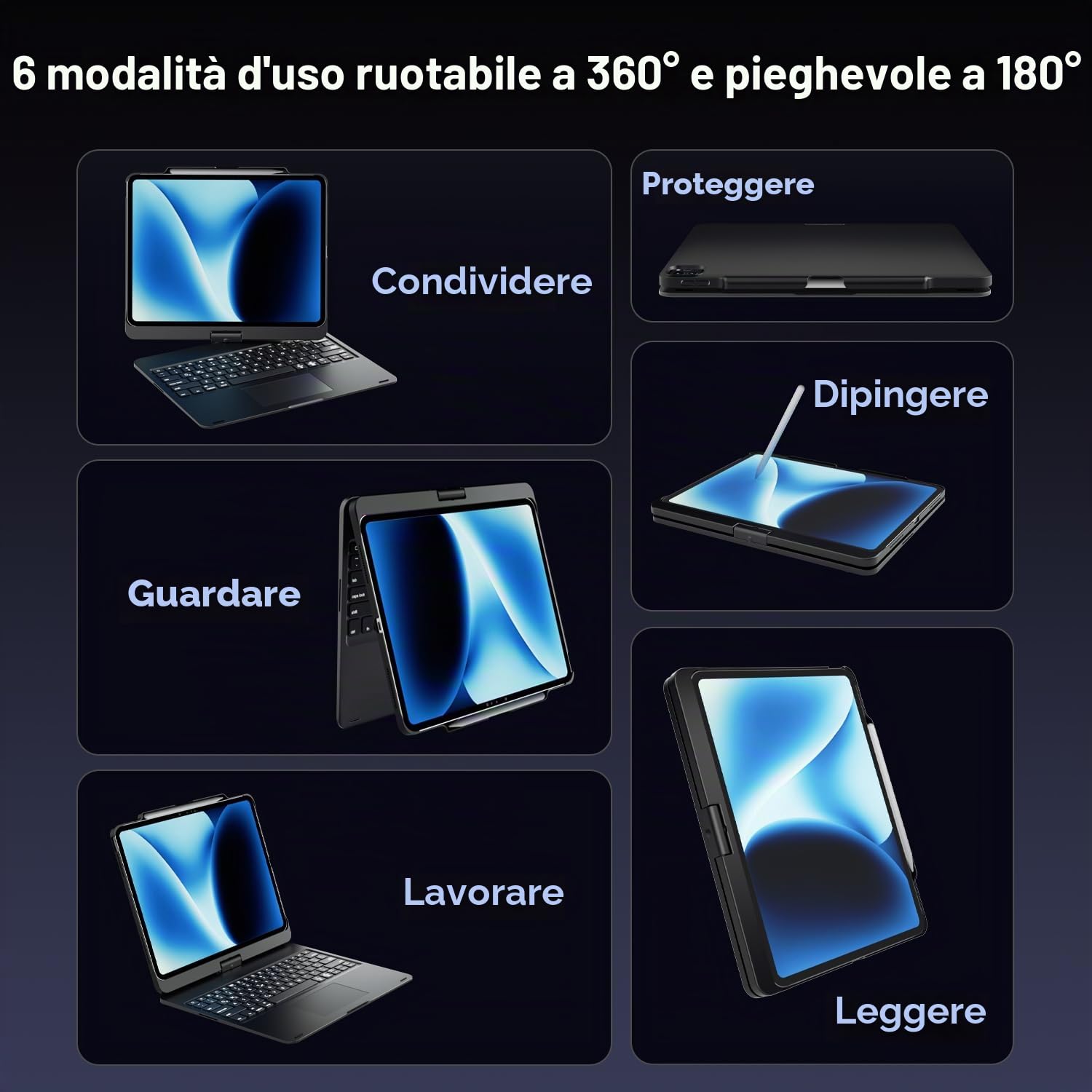 doqo Custodia con tastiera per iPad Air da 13 pollici (M4/M3/M2), iPad Pro 13 (M5/M4), iPad Pro 12,9" (6ª/5ª/4ª/3ª gen) Custodia con tastiera girevole a 360°, trackpad, retroilluminazione a 7 colori
