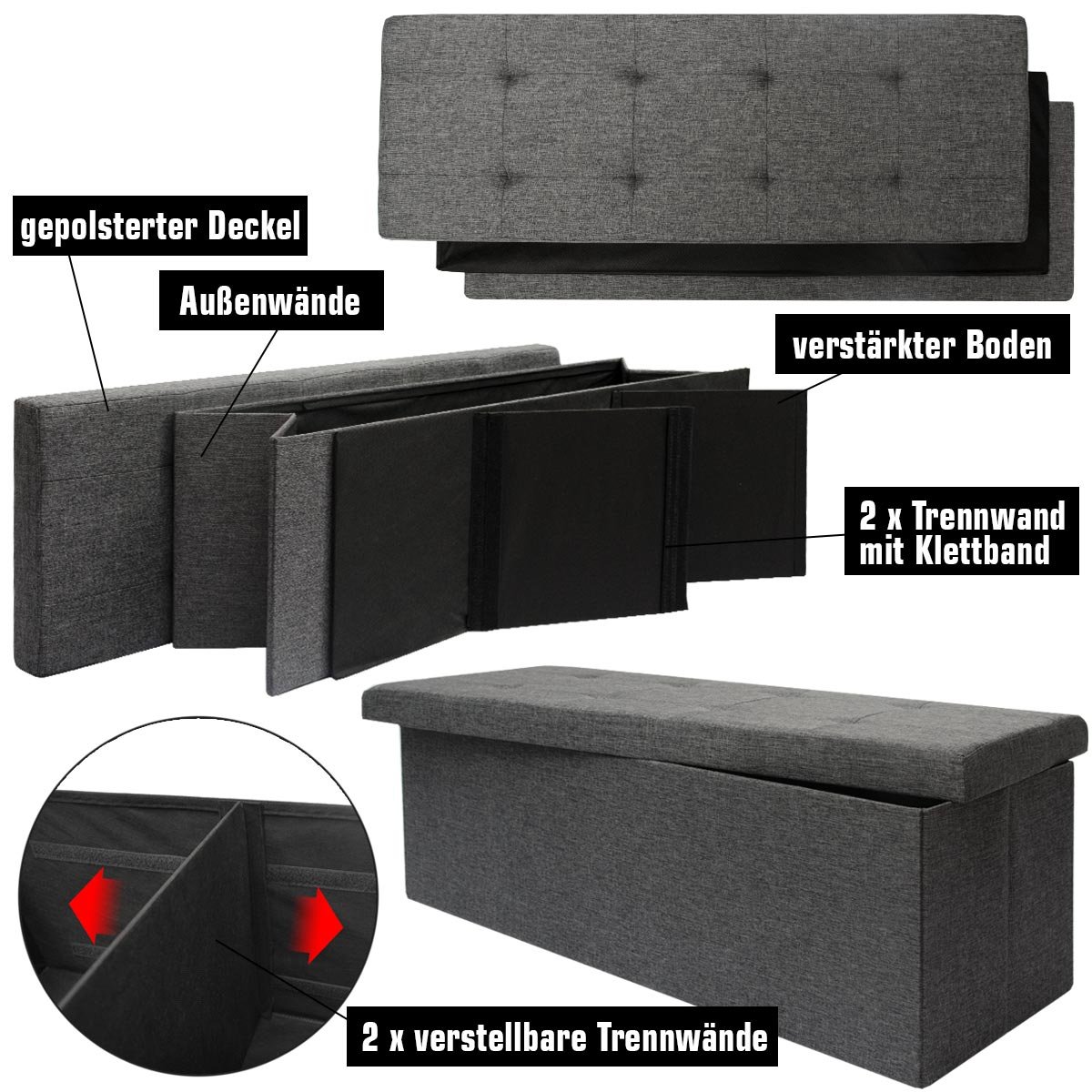 DuneDesign Otomana XXL Banca Plegable 110x38x38cm Incl 2 Paredes divisorias 120L pie de Cama Rectangular sofá Forrado con Tela 3 plazas Gris Oscuro