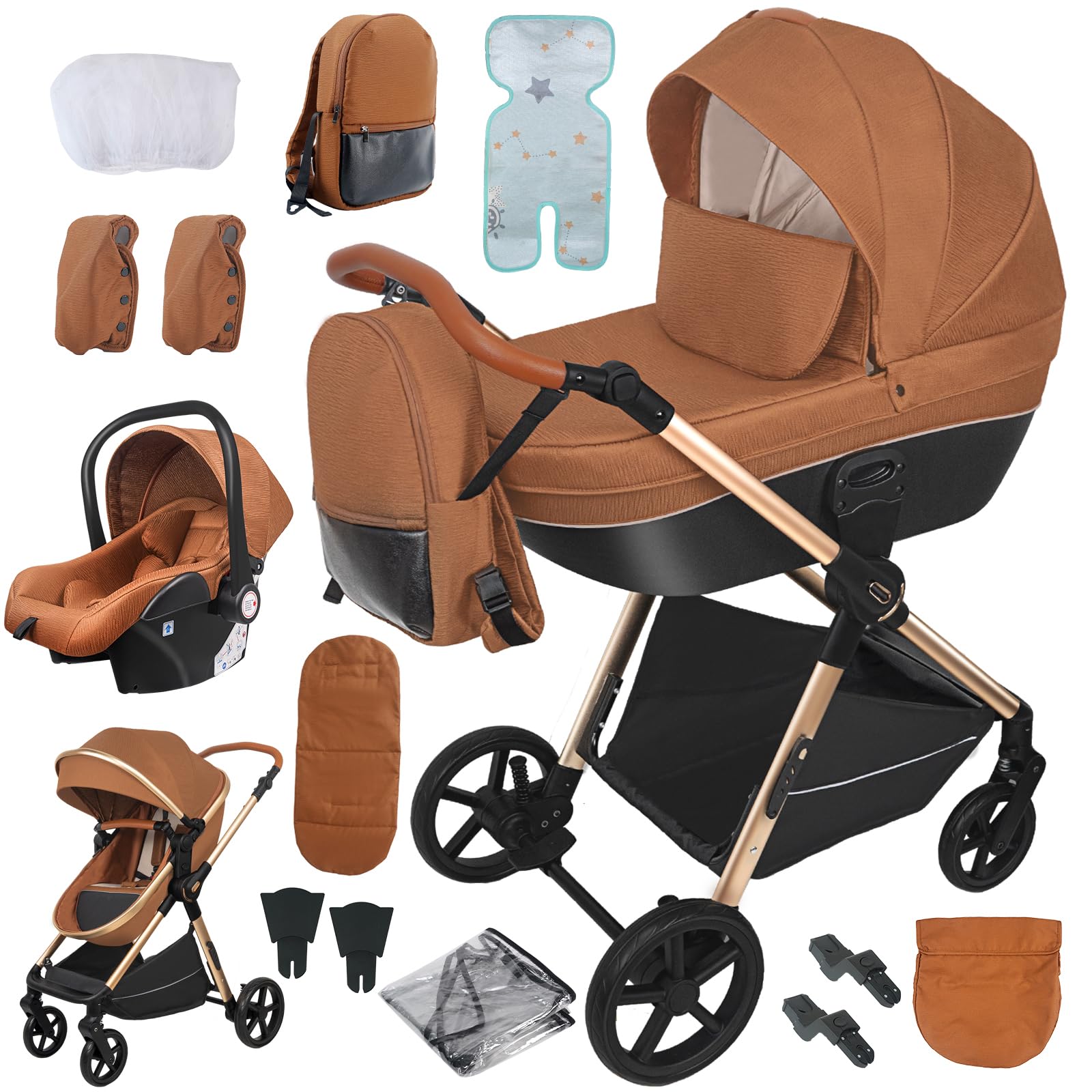 Reenborn Kinderwagen 4 in 1, Buggy mit Zwei Umkehrbaren Schiebemodi, Kinderwagen mit Rahmen Aluminiumlegierung, Kombikinderwagen 4 in 1 Komplettset mit Ein-Klick-Faltdesign (H2 Caramel)