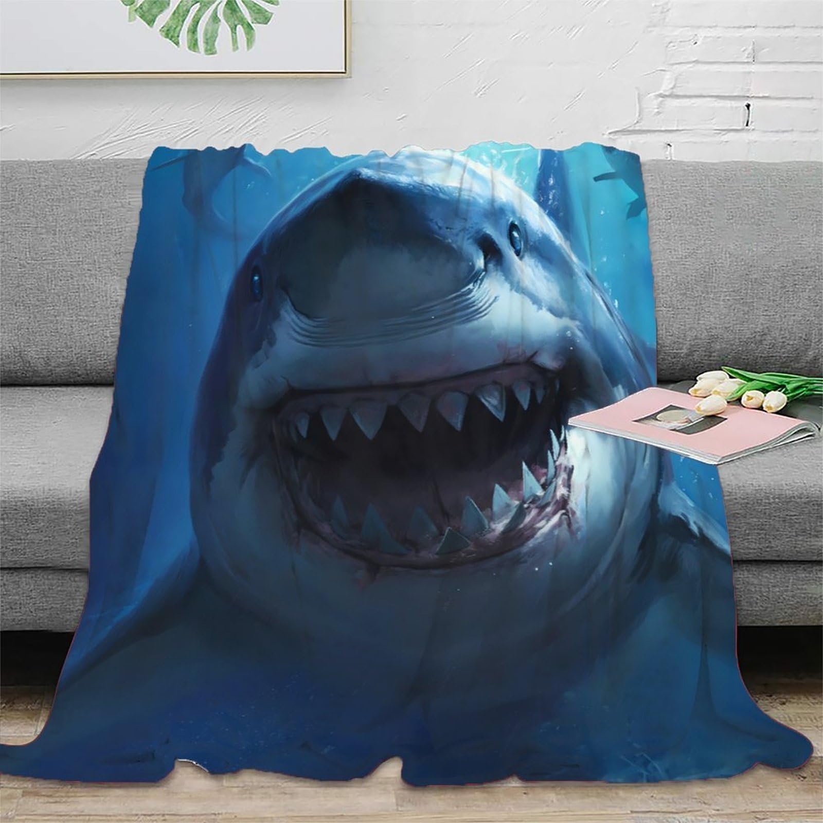 Couverture microfibre chaude contre le froid plaid 3D requin grand jeté de canapé