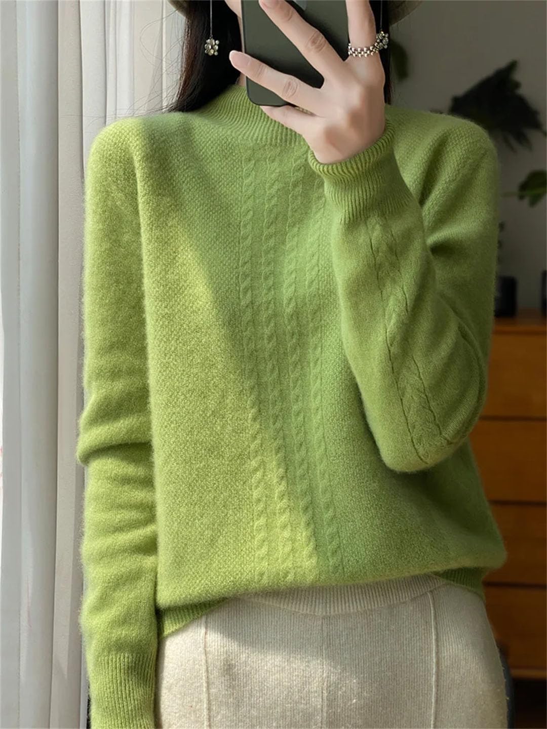 Maglione da donna a collo alto, in lana merino, a maniche lunghe, in cashmere