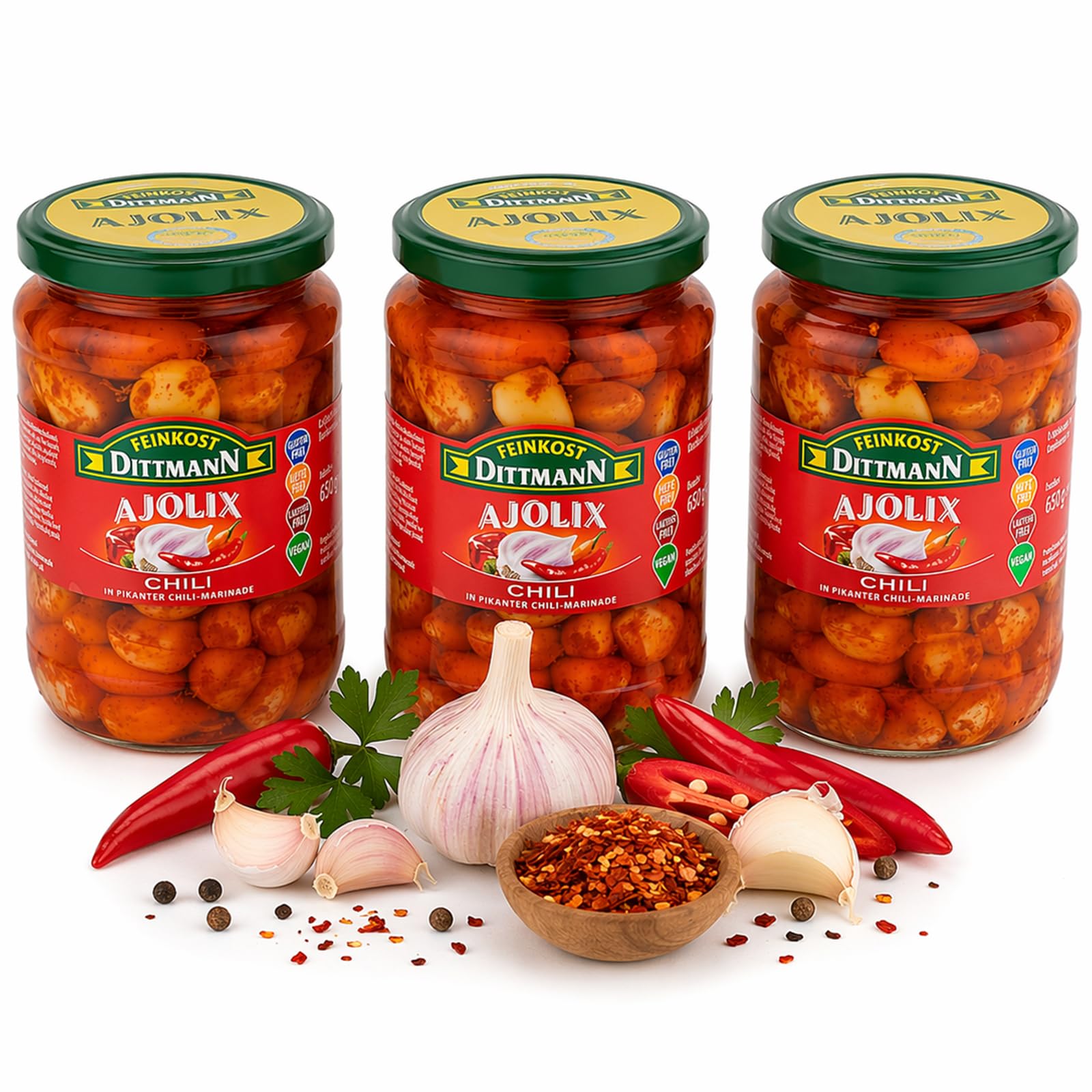 Feinkost Dittmann Ajolix Chili Knoblauch 650g 3er Pack – Antipasti | pikant eingelegte Knoblauchzehen in Chili-Pflanzenöl – verzehrfertig für Salate & mediterrane Küche