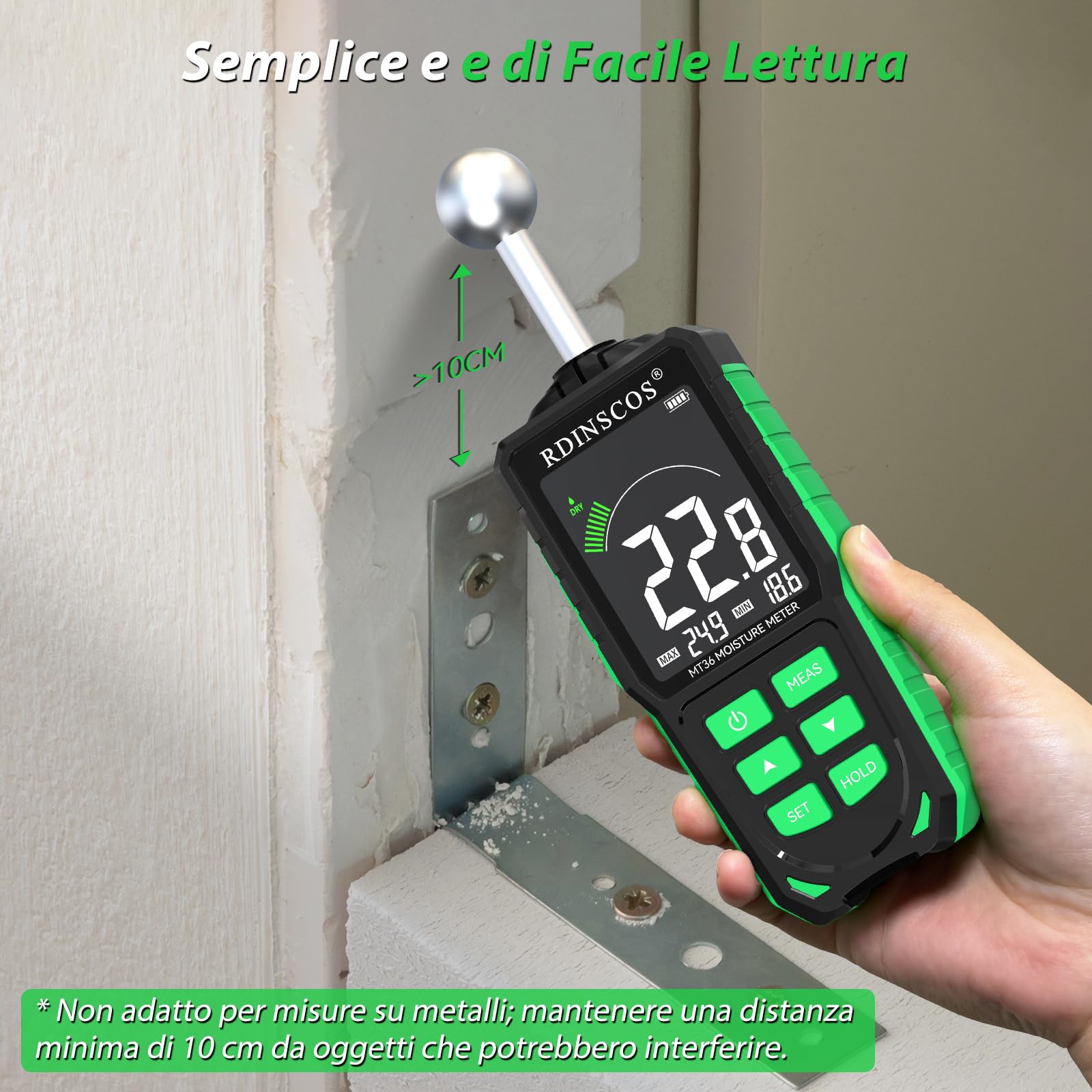 RDINSCOS Misuratore di Umidità del Legno, Igrometro Digitale Professionale Rilevatore di Umidità per Legni, Muri e Pavimenti Tester di umidità Tester (MT36)