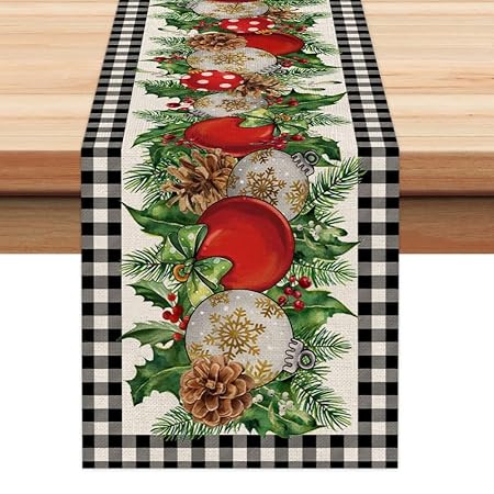 ARKENY Christmas Table Runner 72 Inches, Black White Buffalo Plaid Balls Holly Coffee Home Dining Indoor Winter Seasonal Holiday Farmhouse Tabletop Decor AT349