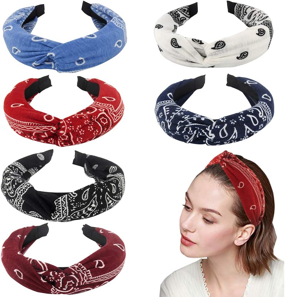 Yeshan Bandana Knot Headbands for Women Paisley Print Turban Headbands Wide Boho Headbands Fashion Elastic Hair Accessories,Pack of 6