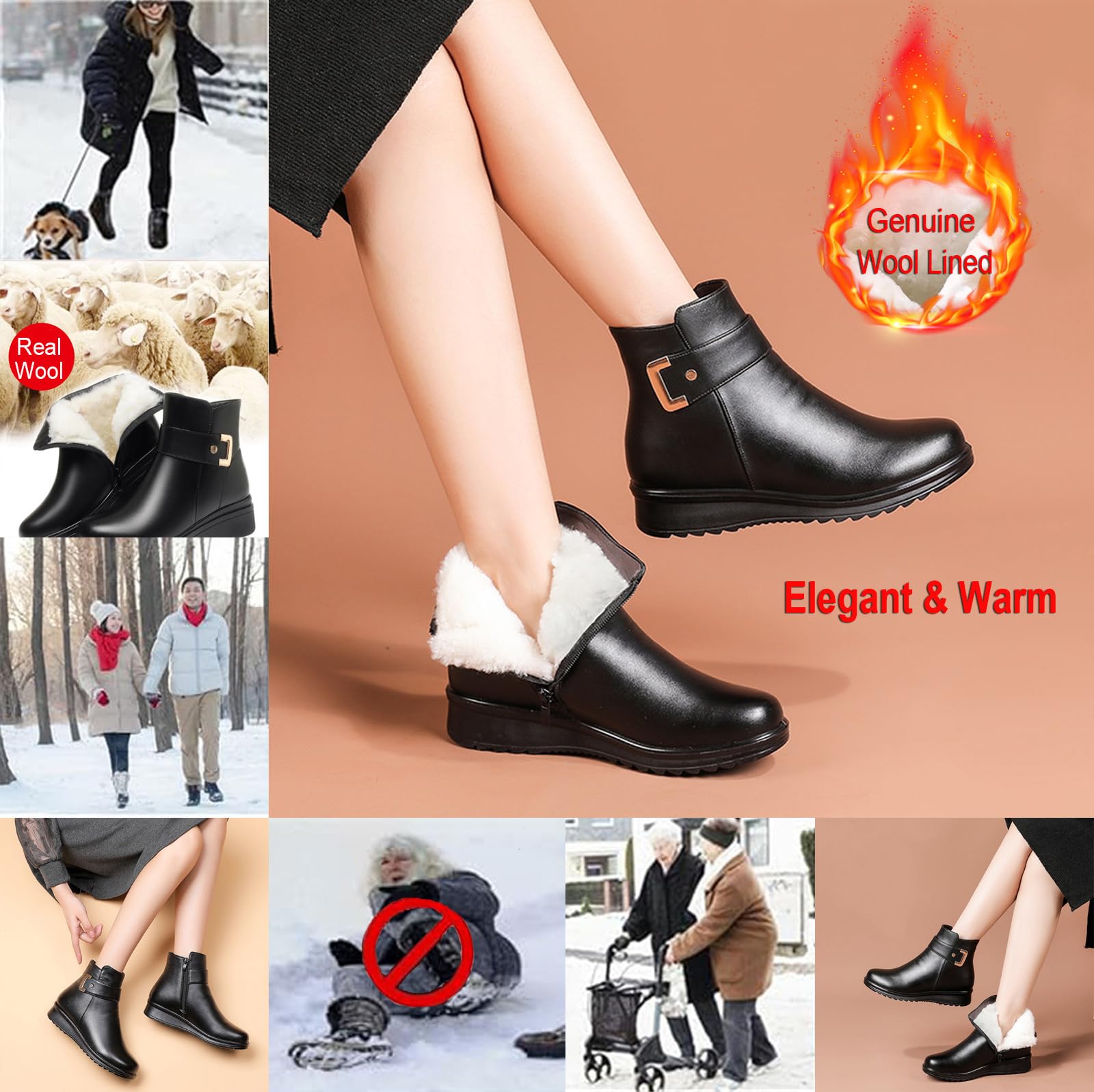 Bottes orthopédiques en cuir véritable avec boucle en métal pour femme - Chaudes et antidérapantes - En velours - Pour l'hiver