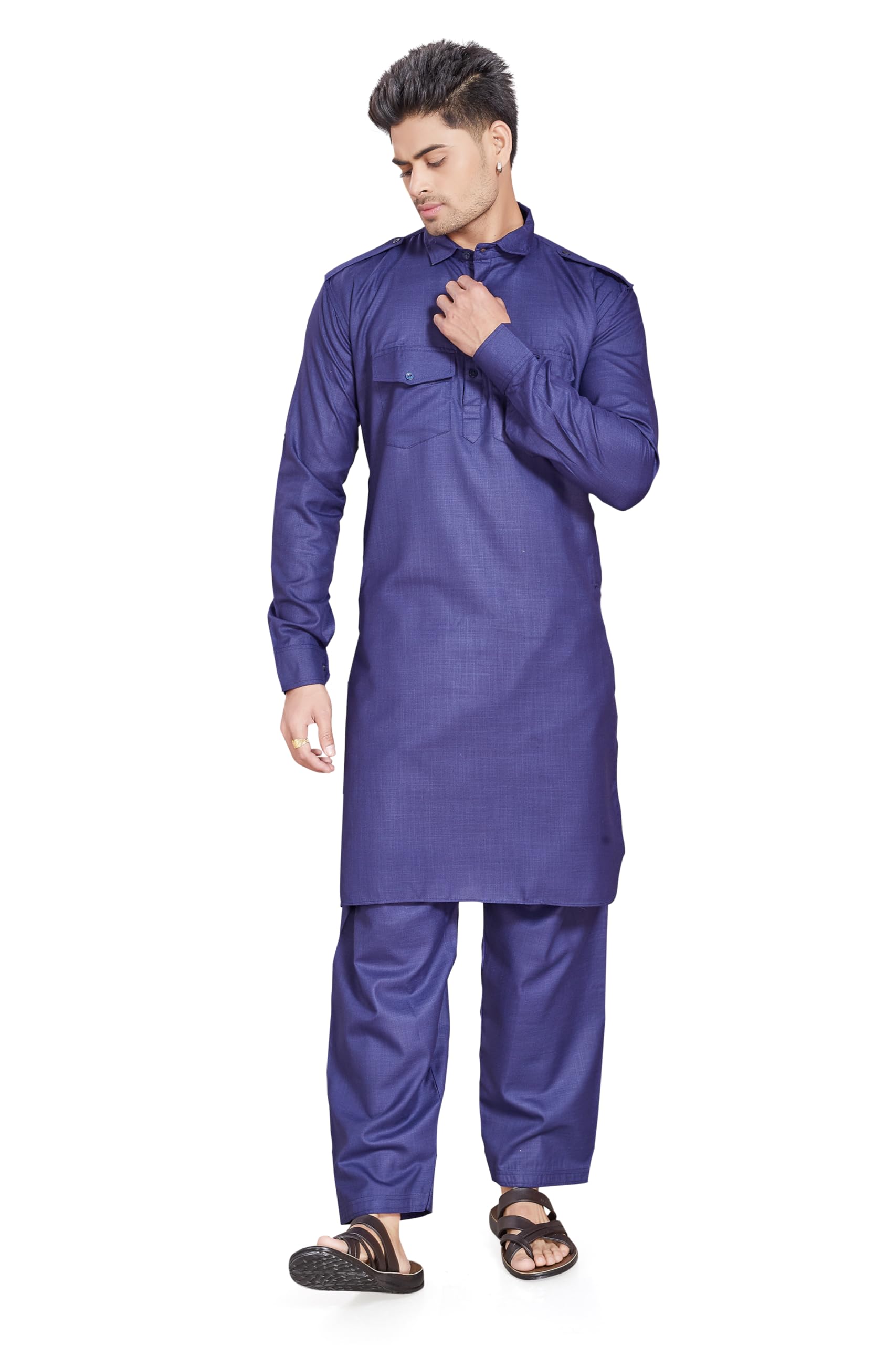 Divisive Men's Cotton Blend Pathani Kurta Pyjama Set (Dkrt458_M_N Blue)