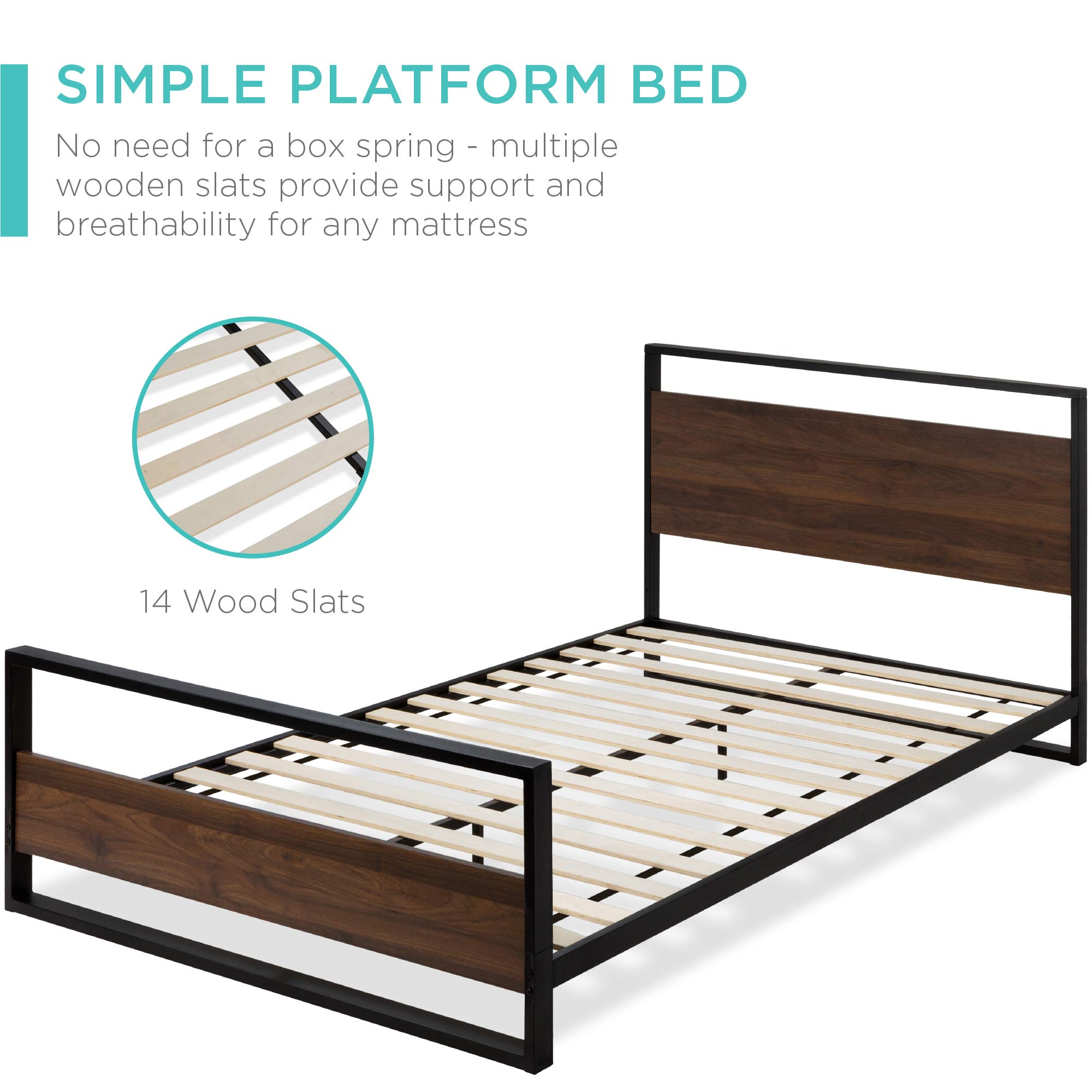 Amazon.com: Best Choice Products Metal Wood Platform Bed Frame, Queen Size  Mattress Support w/Wood Slats, No Box Spring Needed, Low Profile Headboard,  Footboard, 660lb Capacity - Black/Brown : Home & Kitchen