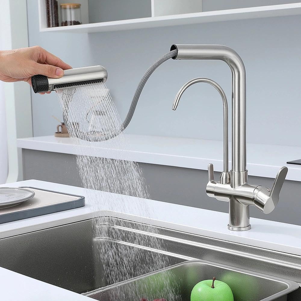 3 Way Kitchen tap, Kitchen taps with Pull Out Spray,4 Modes Pull-Out Sprayer,Taps with Pull Out Spray, 360° Swivel High Arc, Dual Lever, Separate Drinking Water Spout