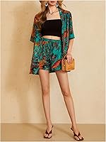 Vista 5 de MakeMeChic conjunto de 2 piezas para mujer estilo boho, blusa kimono tropical con frente abierto y pantalones cortos
