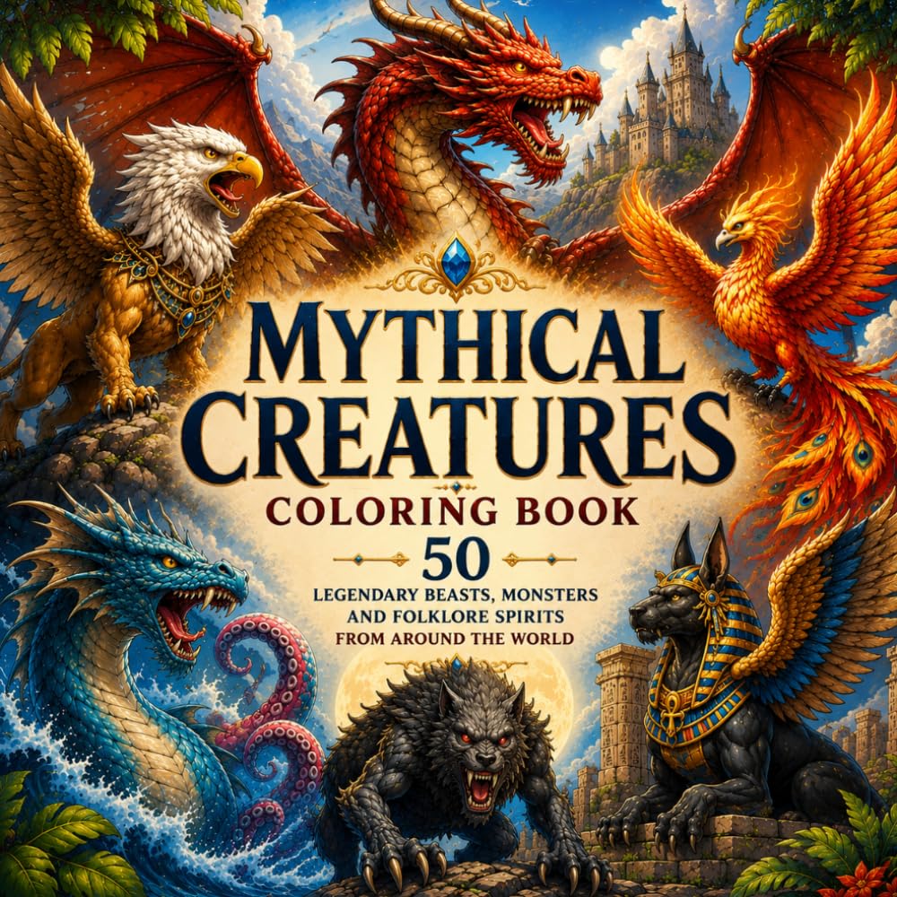 MYTHICAL CREATURES COLORING BOOK: 50 Legendary Beasts, Monsters and Folklore Spirits from Around the World