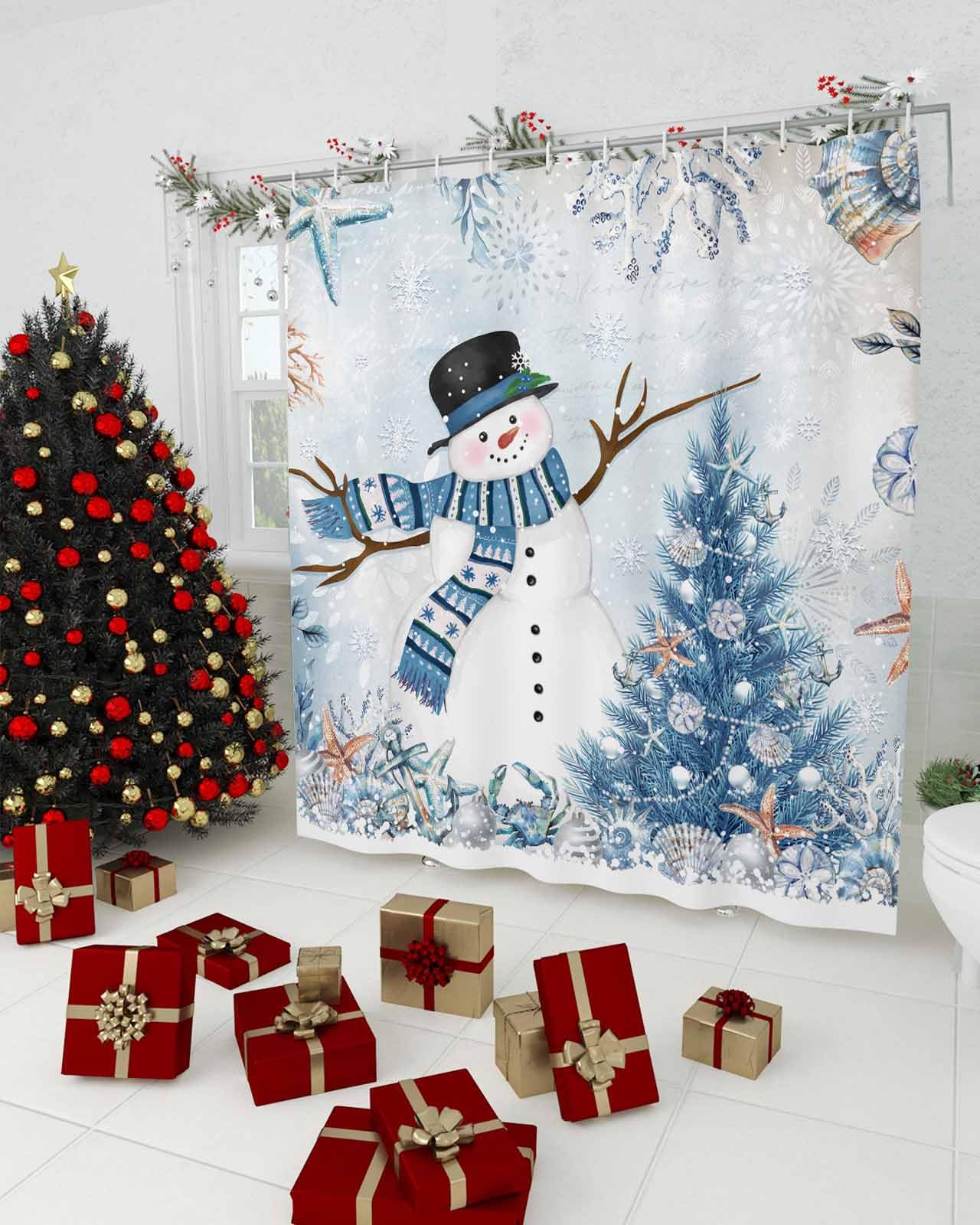 Anzona Coastal Christmas Waterproof Shower Curtain Set - Standard 66 x 72 In, Blue Snowman Xmas Tree Polyester Fabric Bathroom Curtain with 12 Hooks,