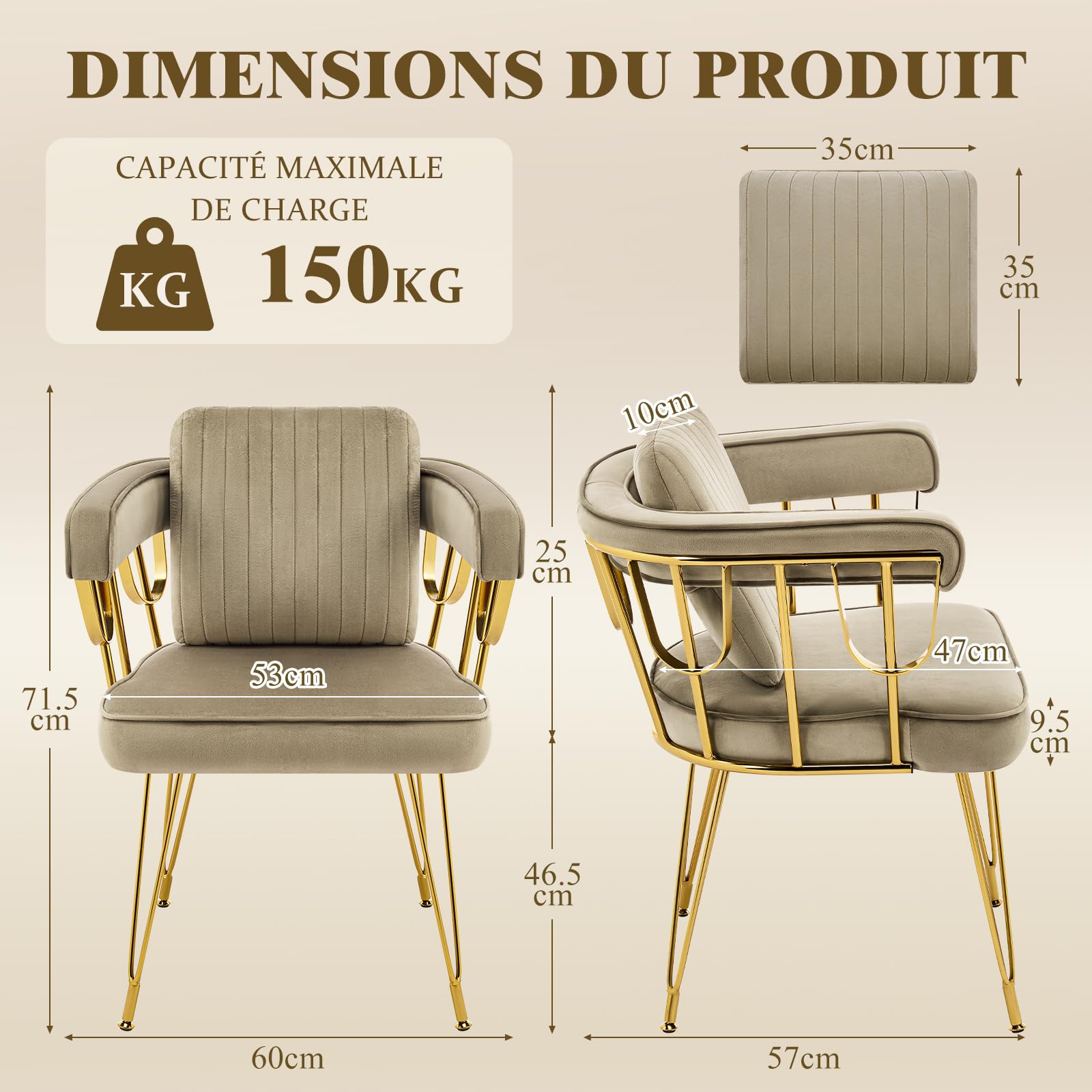 Hellove Chaise Coiffeuse Velours avec Accoudoirs, Fauteuil Salon Métal Doré – Vanity Chaise Moderne pour Chambre à Coucher, Salle à Manger, Coussin Décoratif Inclus, Brun