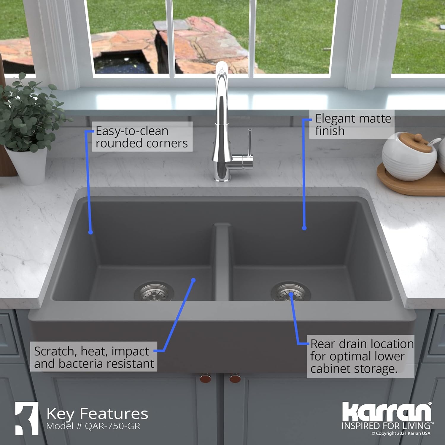 Free Shipping 🛒 Karran Retrofit Farmhouse Apron Front Quartz Composite 34 in. Double Bowl Kitchen Sink in Grey