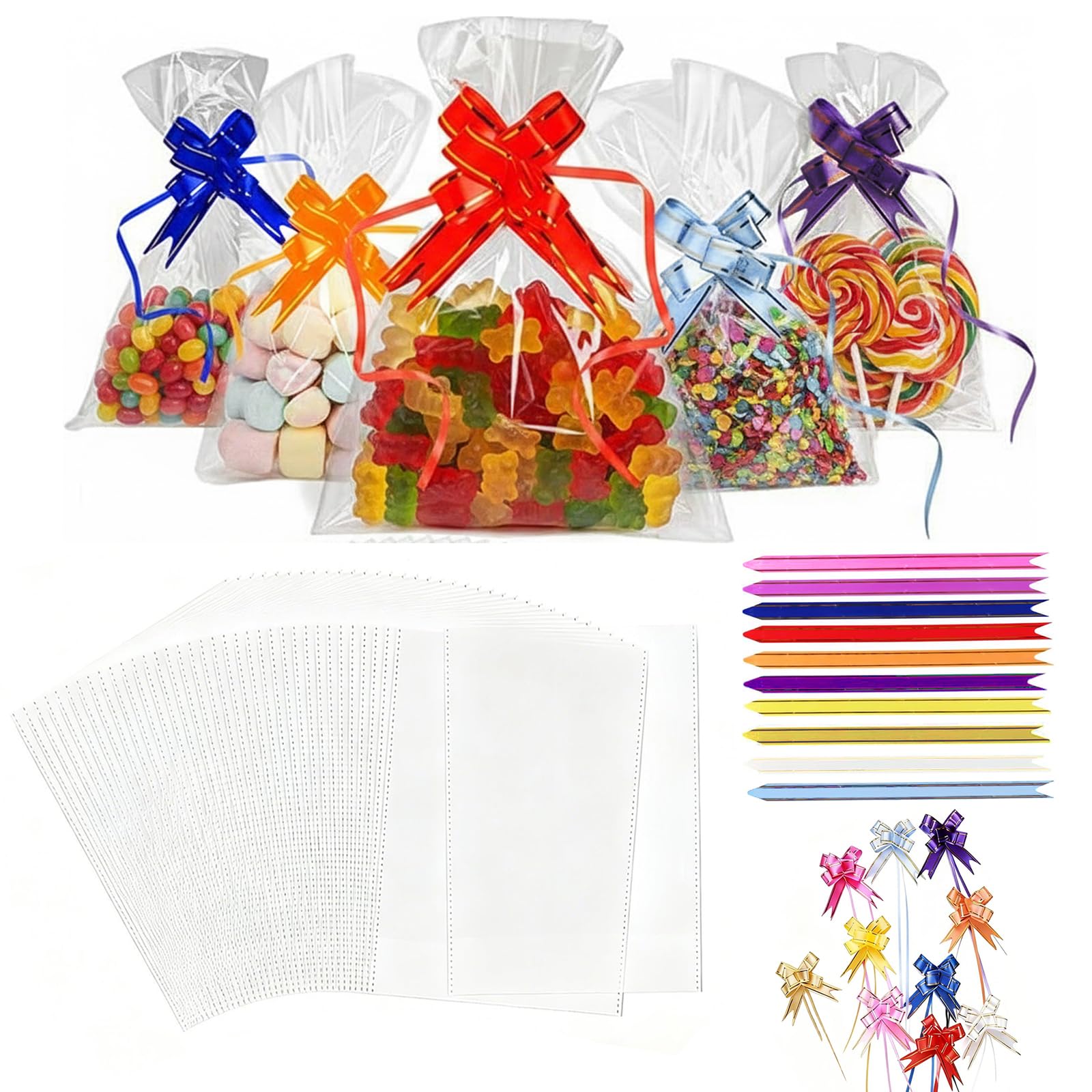 MeiQraft 100-Pack Gift Wrapping Kit - Clear Cellophane Bags with 10-Color Pull Bows for Party Favors, Wedding, Birthday & Holiday Packaging