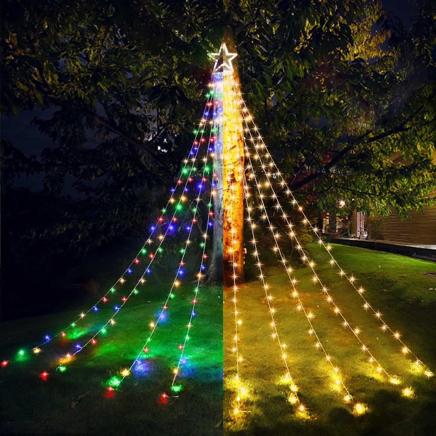 Outdoor Christmas Decorations Star String Lights, 317 LED 8 Modes Waterfall Lights Tree Lights