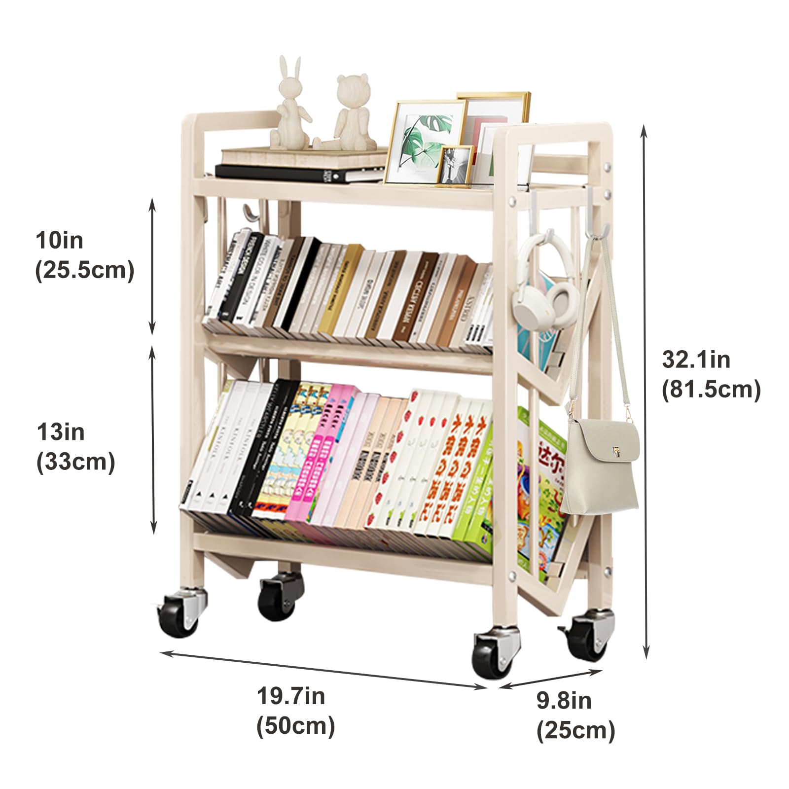 Estanteria Libros con Ruedas, Estantería Metálica de 3 Niveles, 50x25x81.5cm, con Ganchos Desmontables y Ruedas con Freno, para Hogar, Oficina, Aula (Blanco)