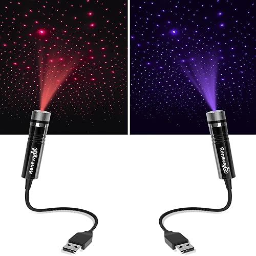 Renewgoo - Paquete de 2 proyectores de luz nocturna USB con estrella para automóvil, dormitorio, decoración de interiores, techo, proyector de