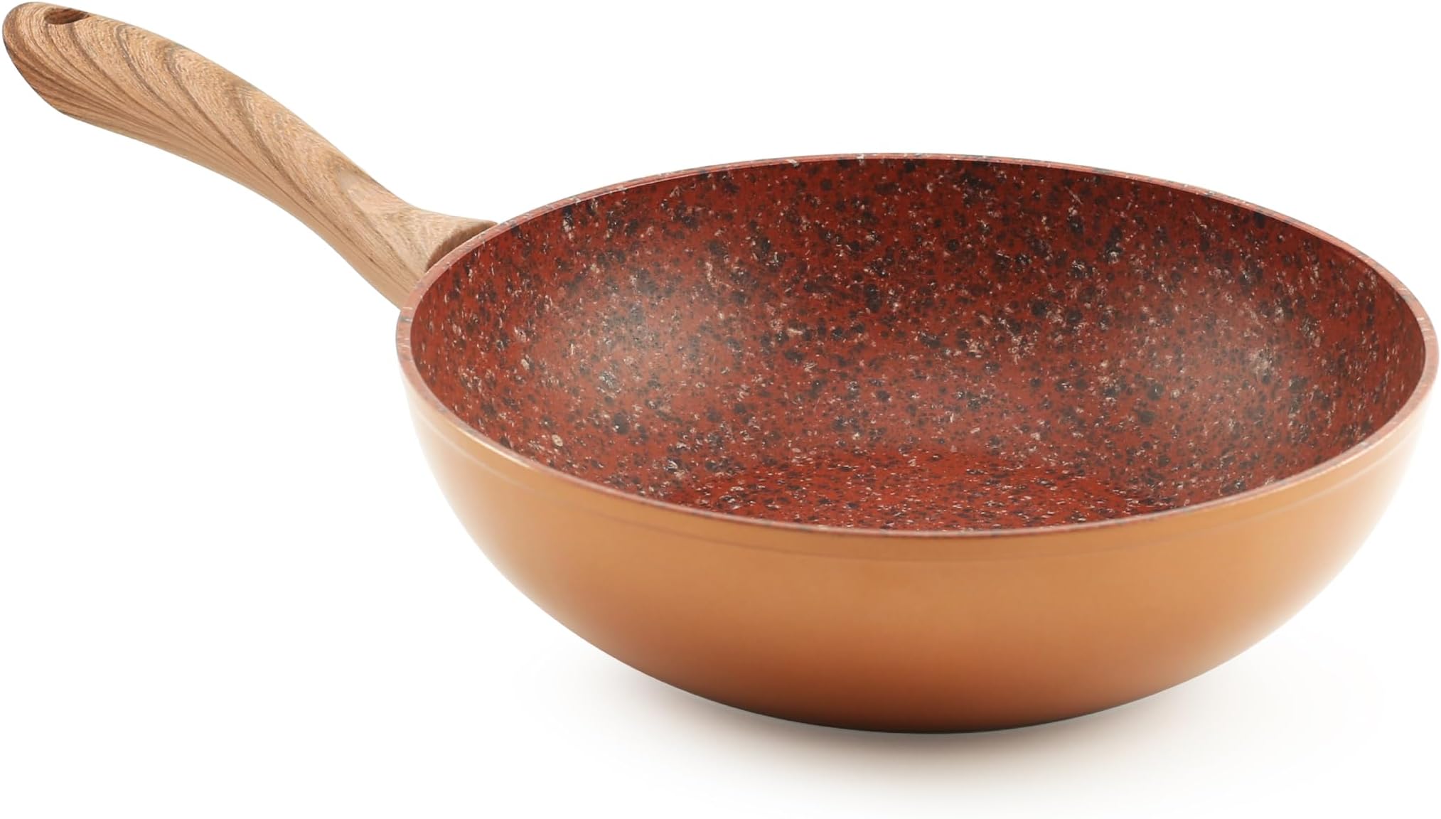 Copper Stone Wok Non Stick - Durable 28cm Stainless Steel Wok with Aluminium Core, Suitable for Gas, Induction, Electric and Ceramic Hobs - Dynamic Heat Distribution and Wood-Effect Handle