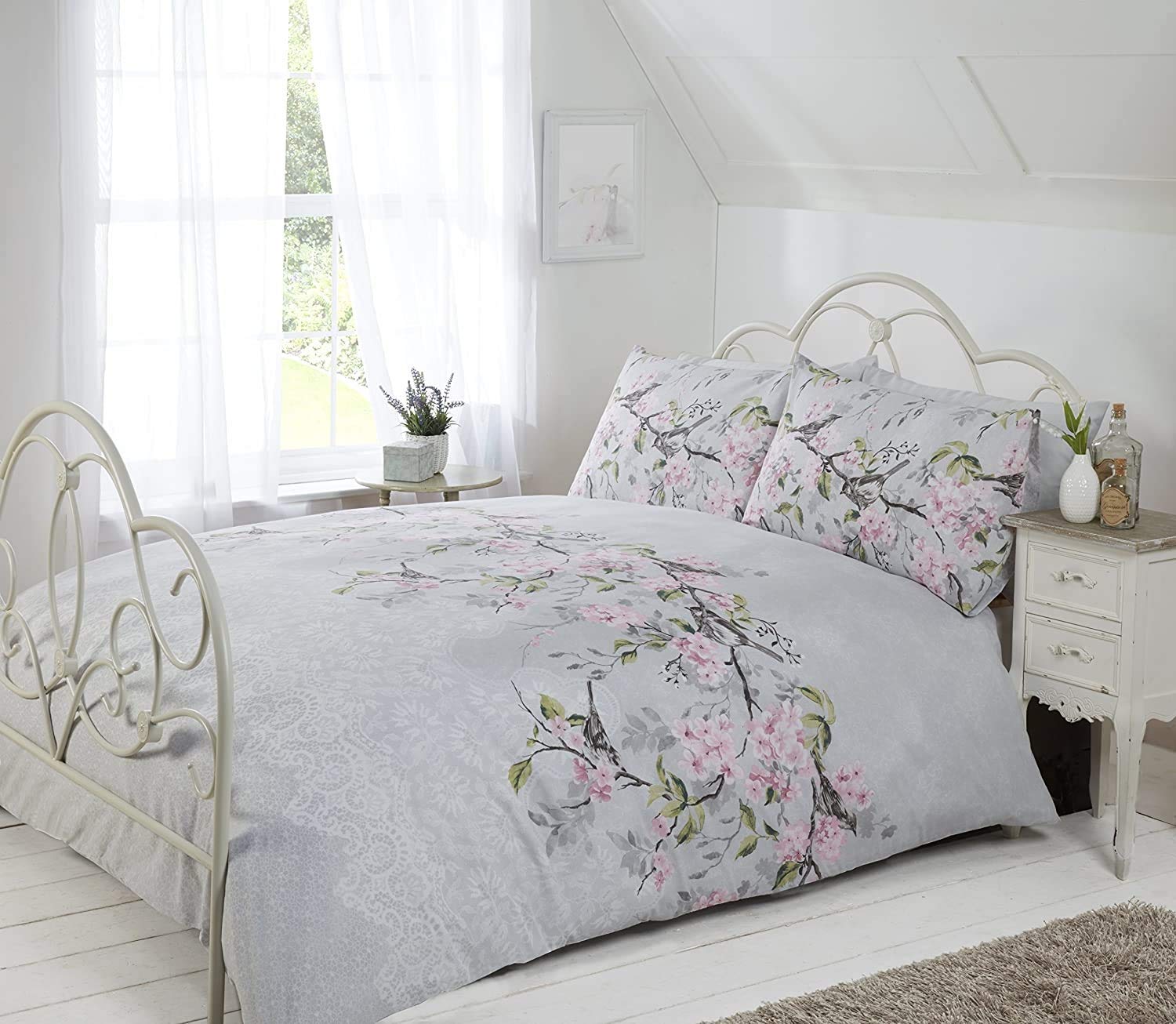 Rapport Home Eloise Double Duvet Cover Set - Grey - Floral Blossom & Bird Print - Cotton Blend