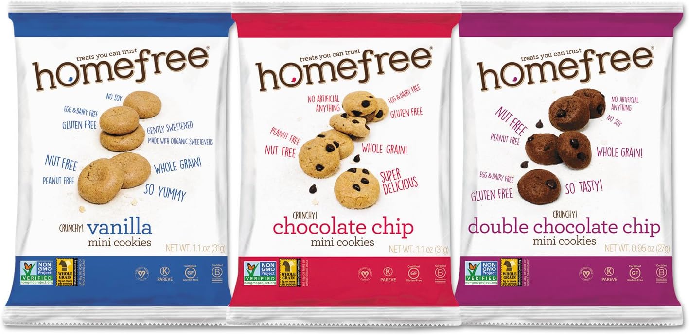 Homefree 01305 Gluten Free Mini Cookies Variety Pack, 1.1 Oz/0.95 Oz/1.1 Oz Packs, 30/Carton