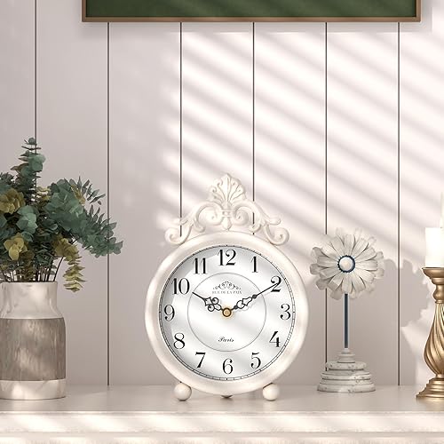 Miniatura 4 de Reloj de mesa blanco vintage, reloj de mesa y repisa, estilo rústico francés, estilo antiguo, para granja, dormitorio, sala de estar, mesita de
