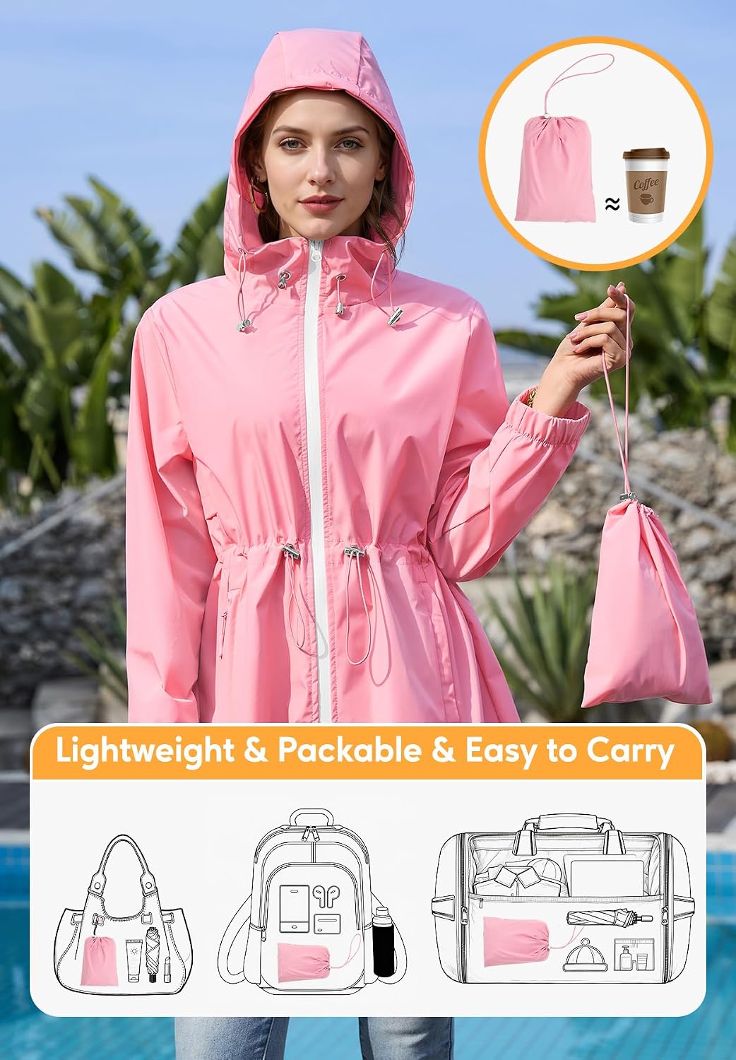 Zando Plus Size Rain Jackets Women Waterproof - Lightweight Raincoat for Women Packable Womens Rain Jacket with Hood Outdoor Windbreaker Spring Jacket Waist Cinch Travel Raincoats for Hiking Pink 2XL