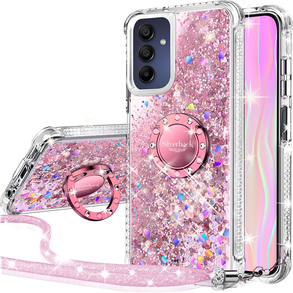 Silverbackfor Samsung A15 5G Case,Moving Liquid Holographic sparkly Glitter Case With Stand and Lanyard, Girls Women Bling Diamond Ring Shockproof Protective Cover for Samsung Galaxy A15 5G -Pink