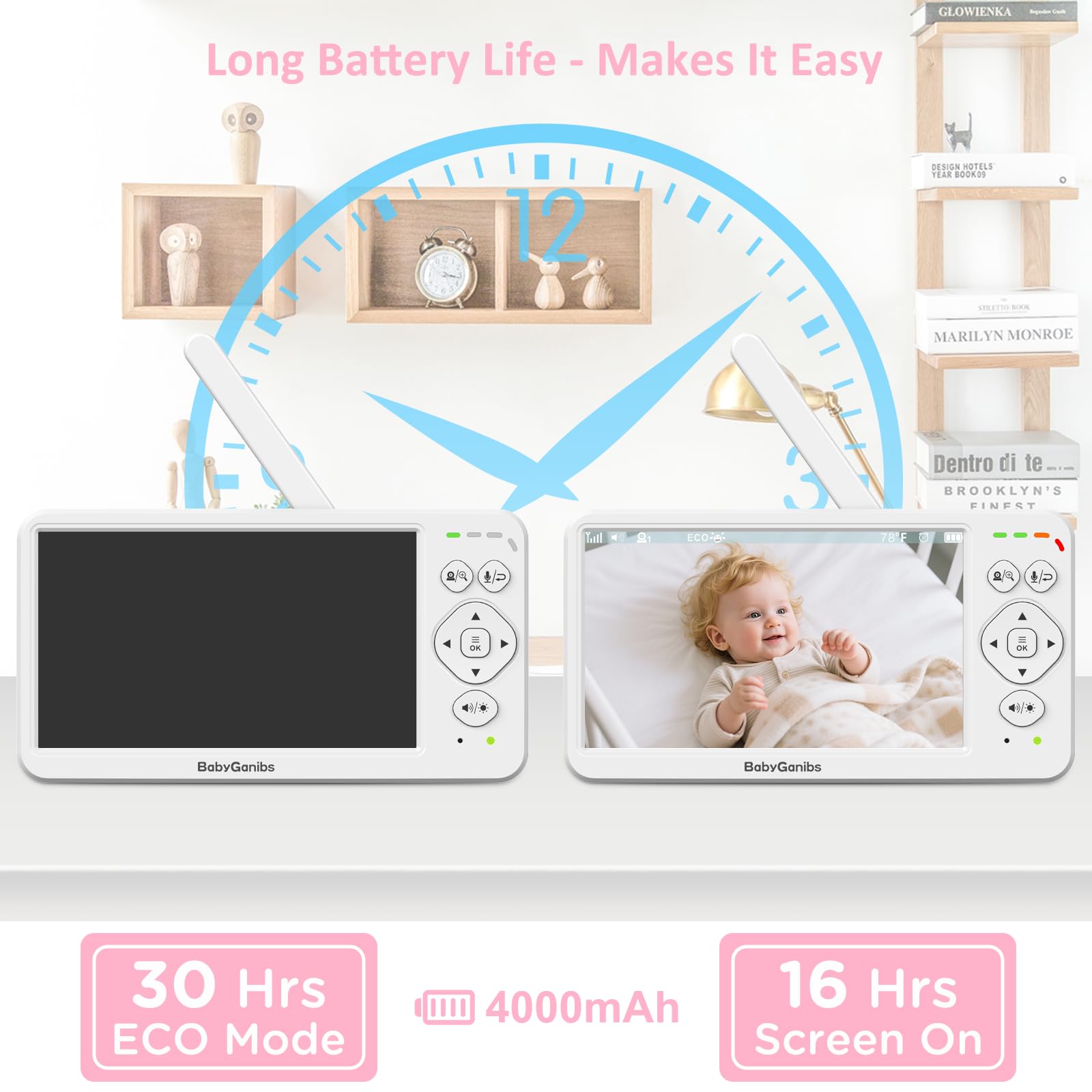 Monitor de bebé con pantalla grande de 6 pulgadas, sin WiFi, con cámara y audio, alcance de 1000 pies, conversación bidireccional, 8 canciones de cuna, modo ecológico, visión nocturna