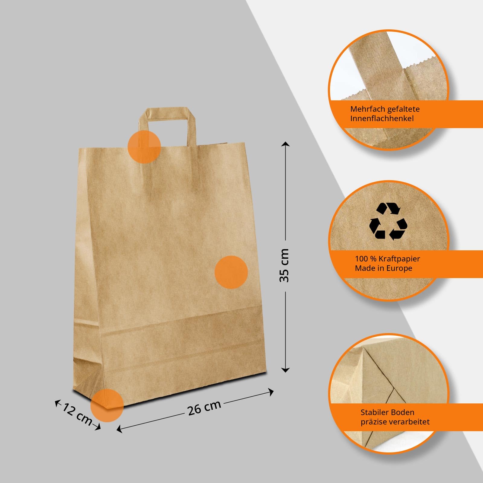 Papiertüten Braun mit Flach-Henkel I 500 Stk. 26+12x35cm I Papiertragetasche für Einzelhandel, Hochzeit, Geburtstag, TO-GO I Geschenktüten aus Kraftpapier I HUTNER