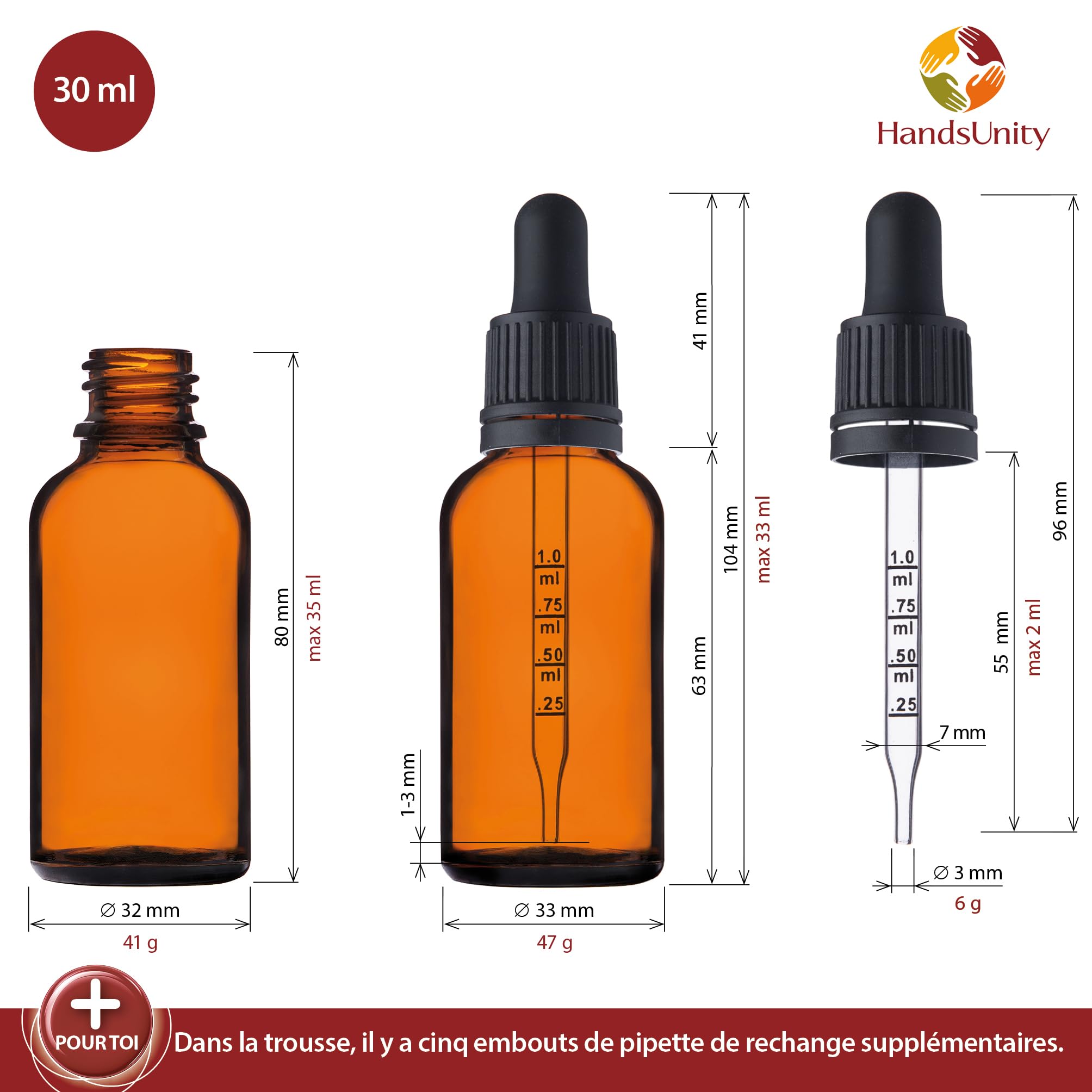 30ml-110 pièces de Flacon de Pipette Petit Flacon en Verre - Verre d'apothicaire en Verre Ambré avec Capuchon de Pipette Noir Comprenant 5 Pièces d'accessoires Bouteilles en Verre Brun