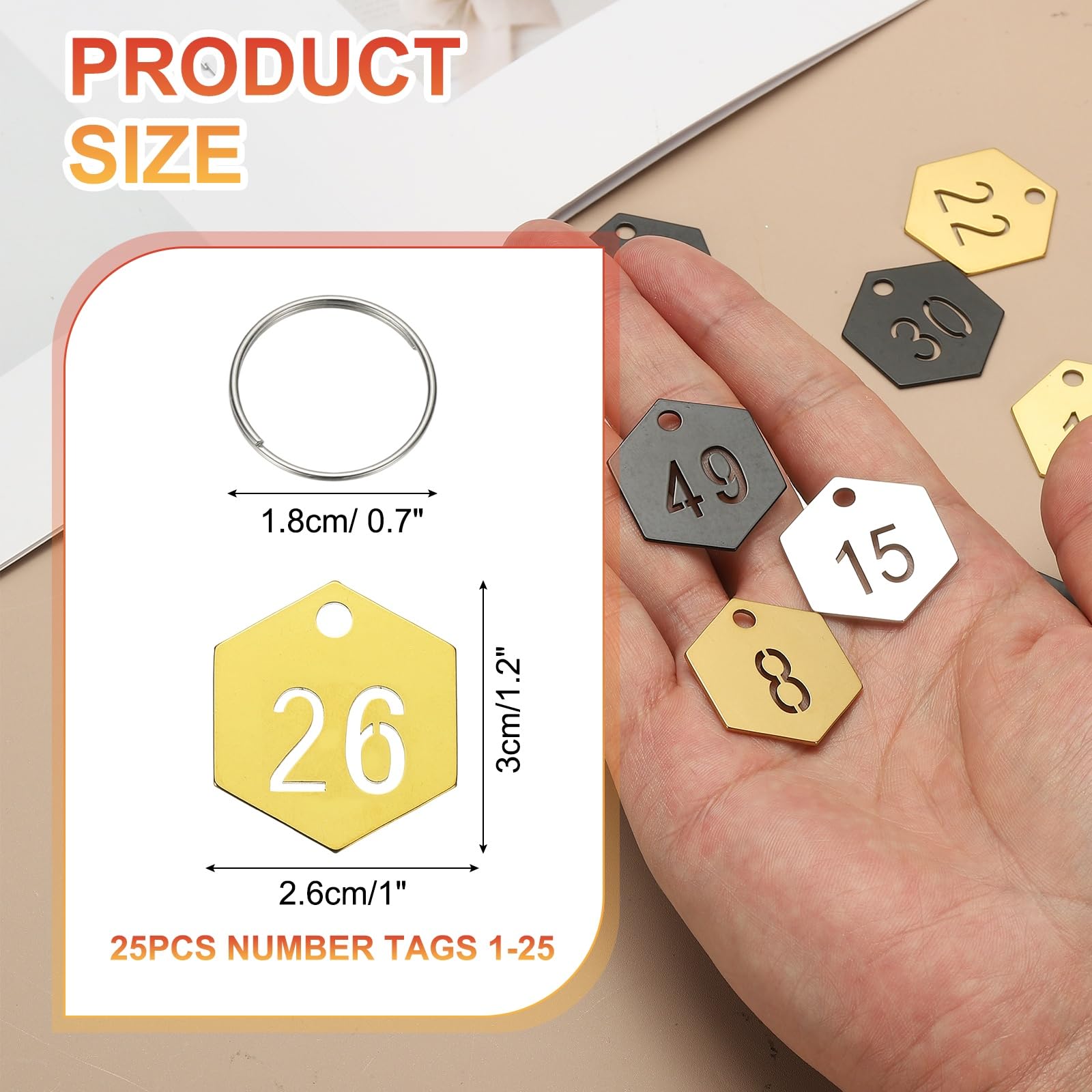 PATIKIL 25PCS Number Tags 1-25, Number Key Tags Stainless Steel Numbered Keychain Metal Sheet Plate with Key Rings for Organizer Field Sales Hangers Clothes Labels ID, Hexagon, Gold - Image 2