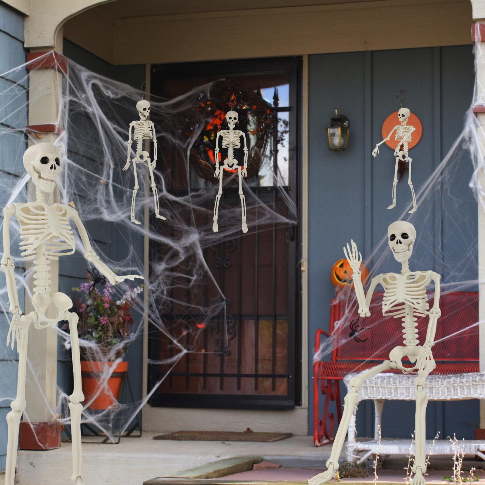 5 Pezzi Decorazioni per Scheletri di Halloween, 2PCS 90 cm Scheletro Decor con 3PCS 40 cm Scheletro, Scheletro Completo di Articolazioni Posabili per Halloween Decorazioni per Interni all'aperto
