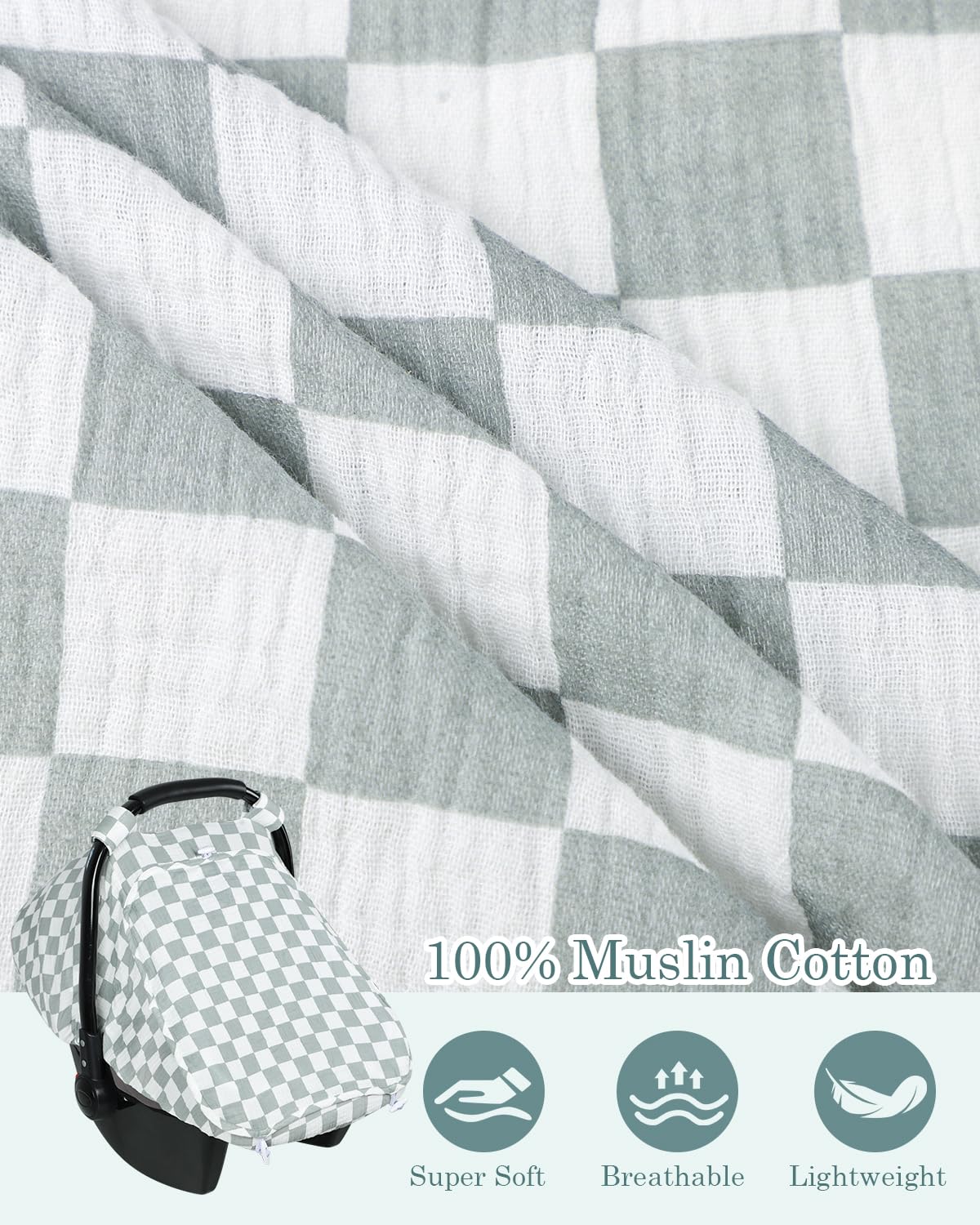DILIMI Car Seat Covers for Babies, Muslin Cotton Baby Car Seat Cover with Breathable Mesh Window, Summer Infant Car Seat Canopy for Boys Girls Newborn, Green Plaid - 3